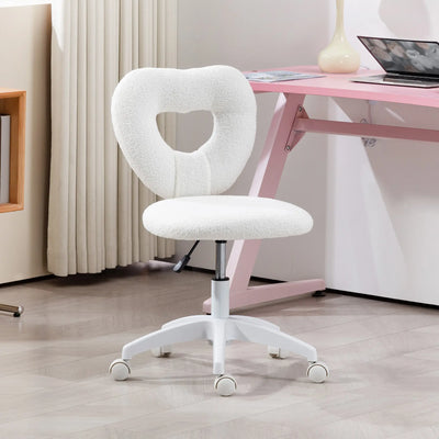 HOMCOM Armless Heart Computer Desk Chair, Teddy Fleece Swivel Office Chair, Makeup Vanity Chair with Height Adjustable, Wheels, for Home Study Bedroom, White 
