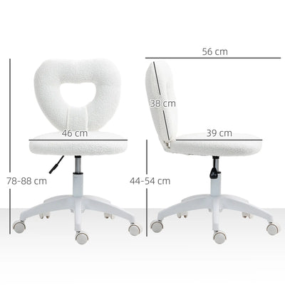 HOMCOM Armless Heart Computer Desk Chair, Teddy Fleece Swivel Office Chair, Makeup Vanity Chair with Height Adjustable, Wheels, for Home Study Bedroom, White 