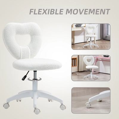 HOMCOM Armless Heart Computer Desk Chair, Teddy Fleece Swivel Office Chair, Makeup Vanity Chair with Height Adjustable, Wheels, for Home Study Bedroom, White 