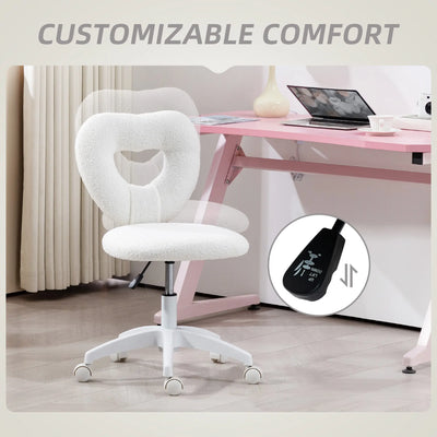 HOMCOM Armless Heart Computer Desk Chair, Teddy Fleece Swivel Office Chair, Makeup Vanity Chair with Height Adjustable, Wheels, for Home Study Bedroom, White 