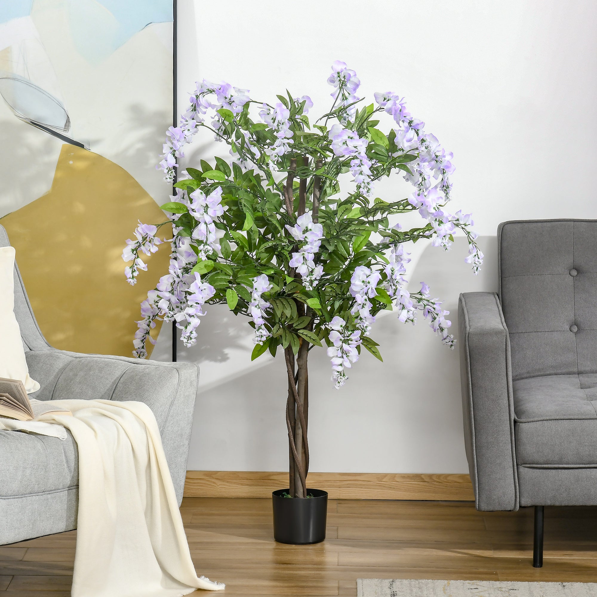 HOMCOM Artificial Realistic Wisteria Flower Tree Faux Decorative Plant in Nursery Pot for Indoor Outdoor Décor, 110cm 