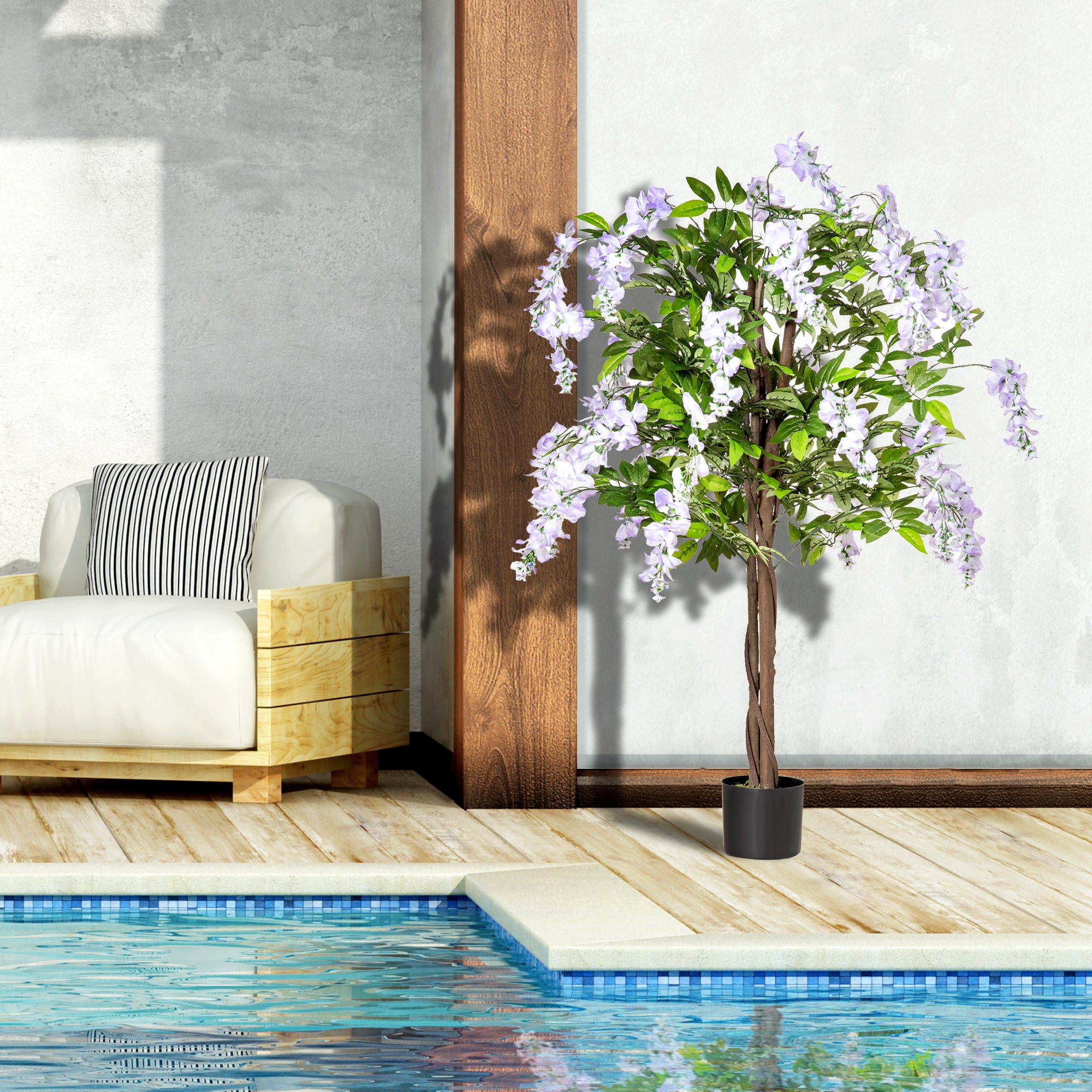 HOMCOM Artificial Realistic Wisteria Flower Tree Faux Decorative Plant in Nursery Pot for Indoor Outdoor Décor, 110cm 
