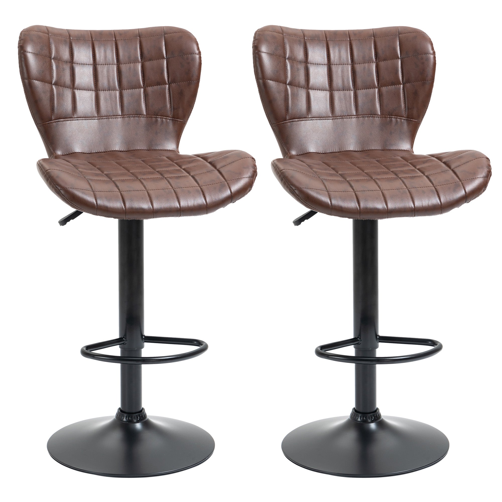HOMCOM Bar Stools Set of 2 Adjustable Height Swivel Bar Chairs in PU Leather with Backrest & Footrest, Brown 