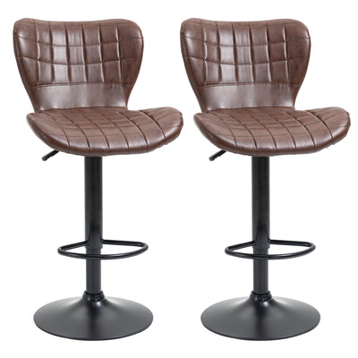 HOMCOM Bar Stools Set of 2 Adjustable Height Swivel Bar Chairs in PU Leather with Backrest & Footrest, Brown 