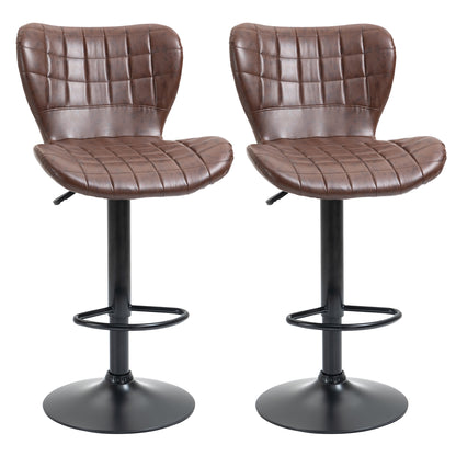HOMCOM Bar Stools Set of 2 Adjustable Height Swivel Bar Chairs in PU Leather with Backrest & Footrest, Brown 