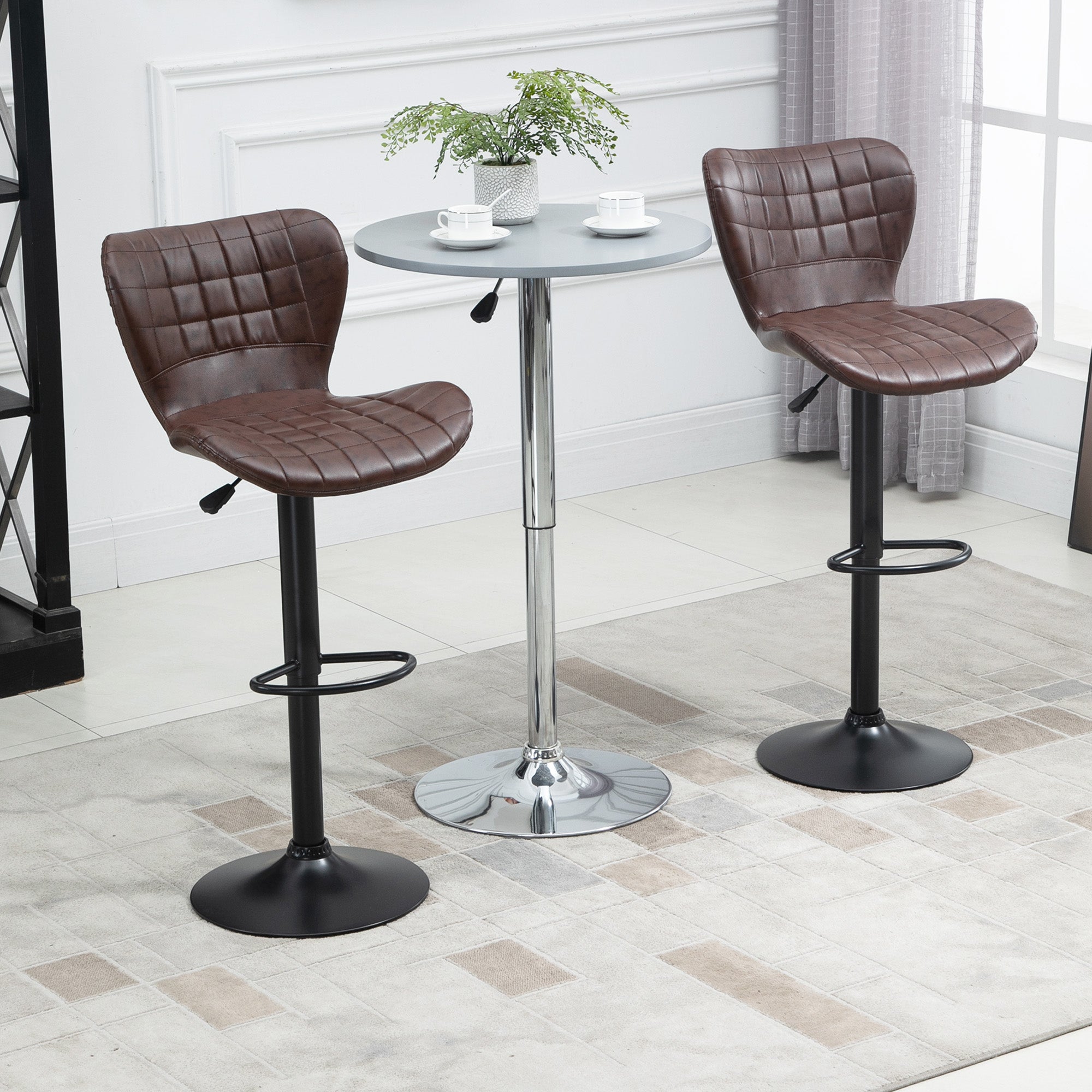 HOMCOM Bar Stools Set of 2 Adjustable Height Swivel Bar Chairs in PU Leather with Backrest & Footrest, Brown 