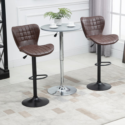 HOMCOM Bar Stools Set of 2 Adjustable Height Swivel Bar Chairs in PU Leather with Backrest & Footrest, Brown 