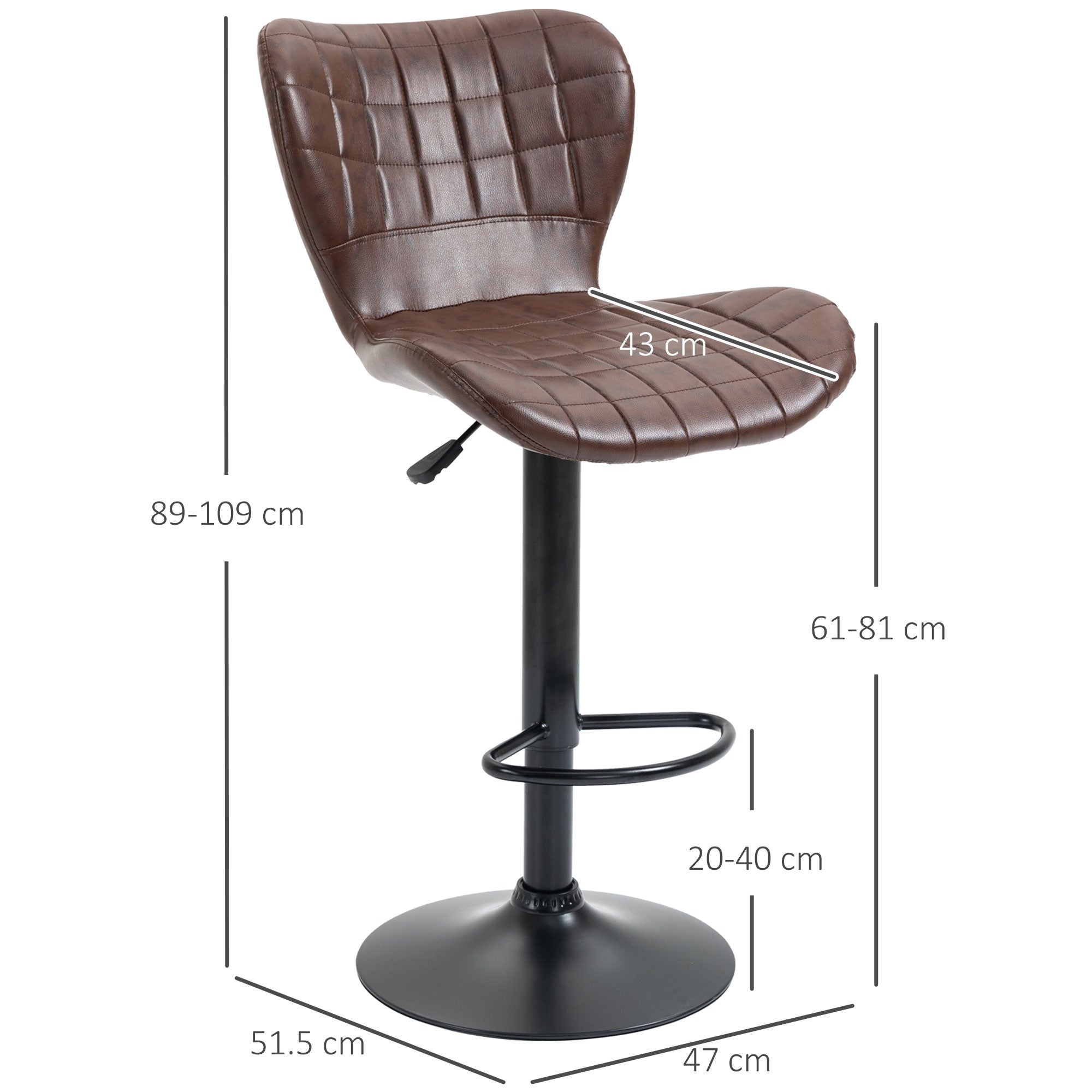 HOMCOM Bar Stools Set of 2 Adjustable Height Swivel Bar Chairs in PU Leather with Backrest & Footrest, Brown 