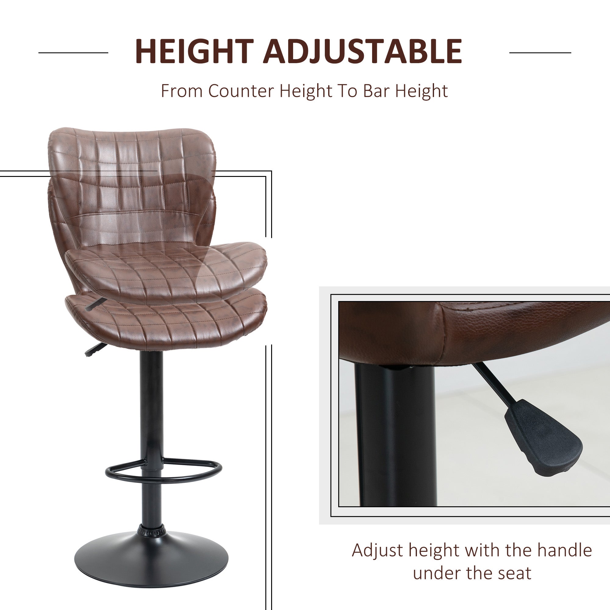 HOMCOM Bar Stools Set of 2 Adjustable Height Swivel Bar Chairs in PU Leather with Backrest & Footrest, Brown 
