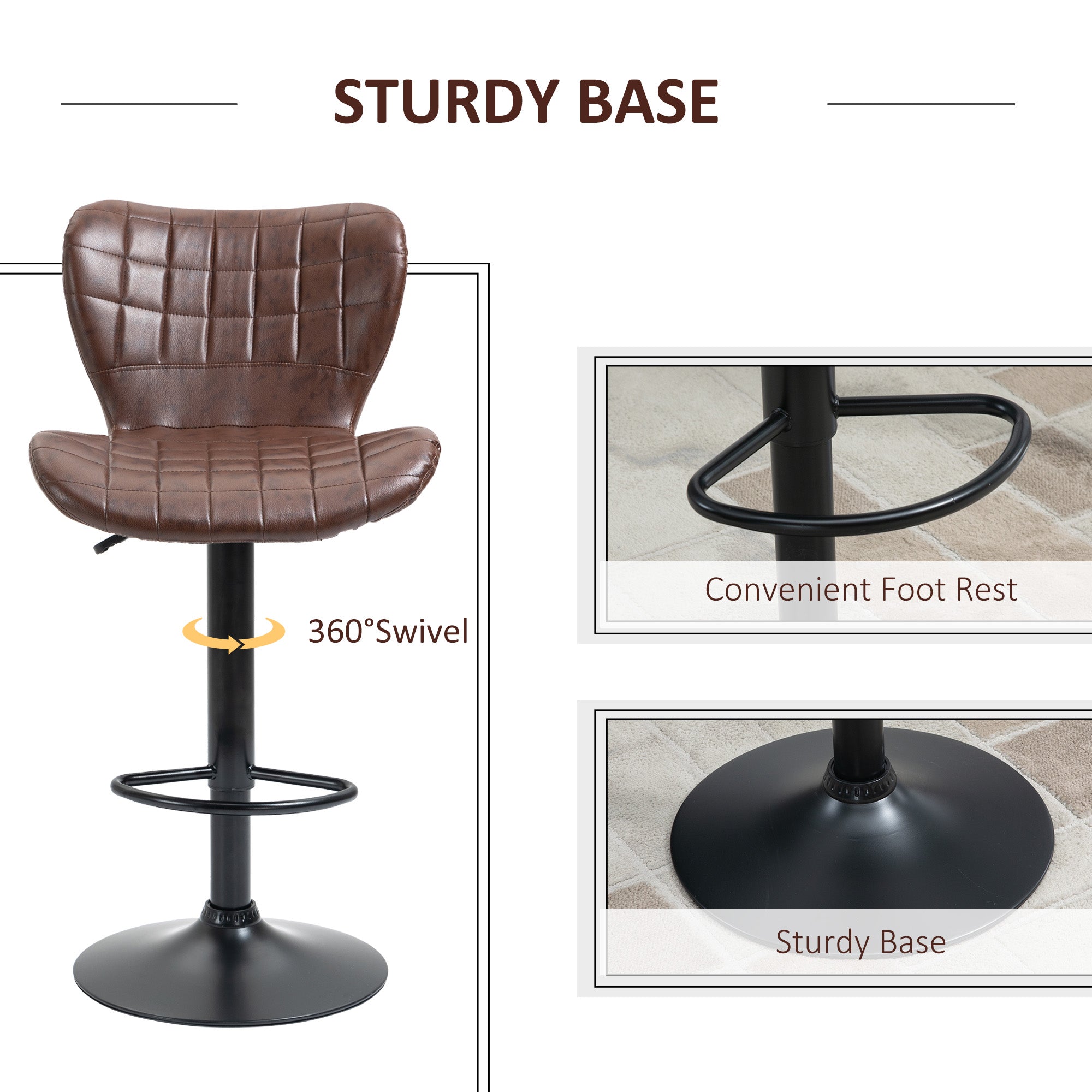 HOMCOM Bar Stools Set of 2 Adjustable Height Swivel Bar Chairs in PU Leather with Backrest & Footrest, Brown 