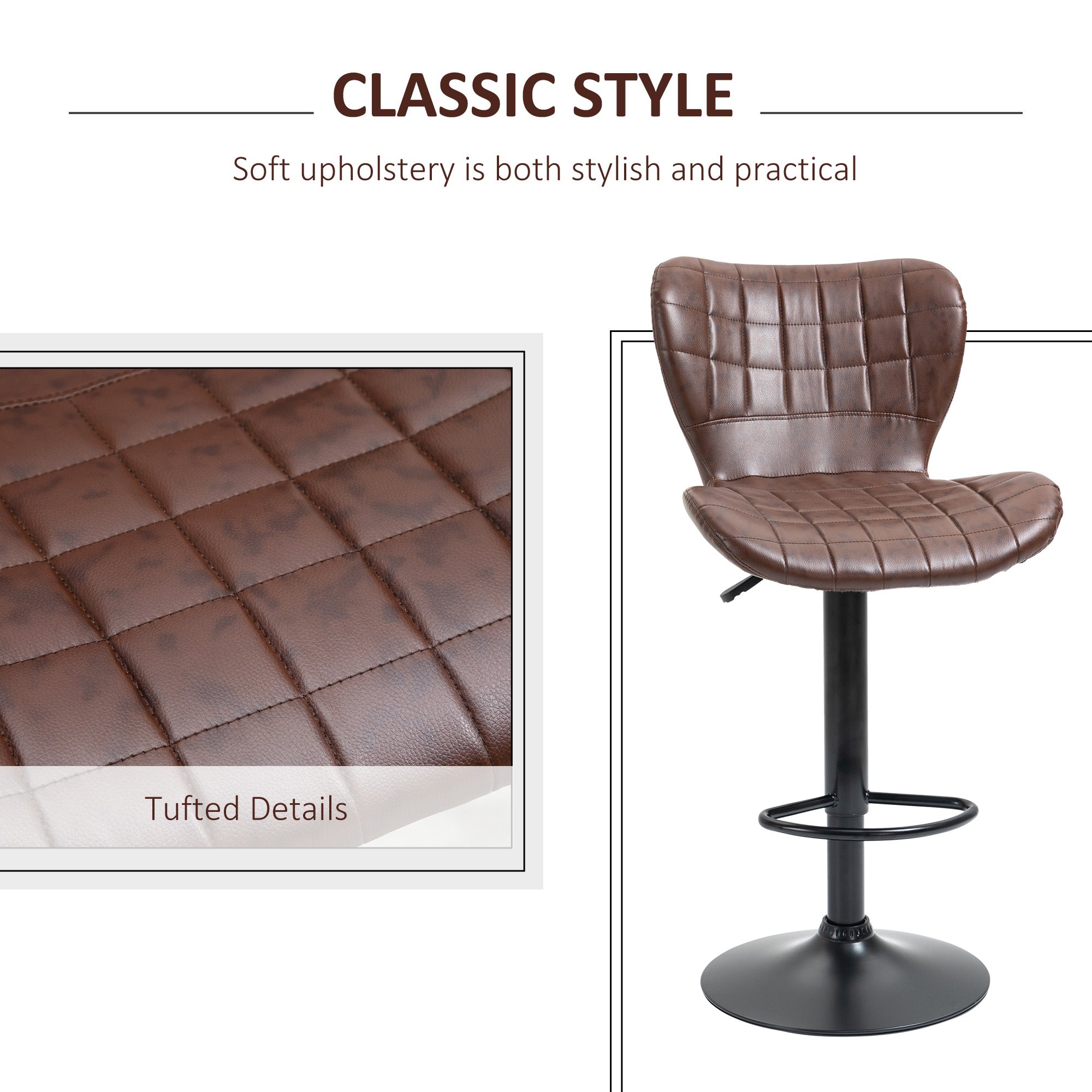 HOMCOM Bar Stools Set of 2 Adjustable Height Swivel Bar Chairs in PU Leather with Backrest & Footrest, Brown 