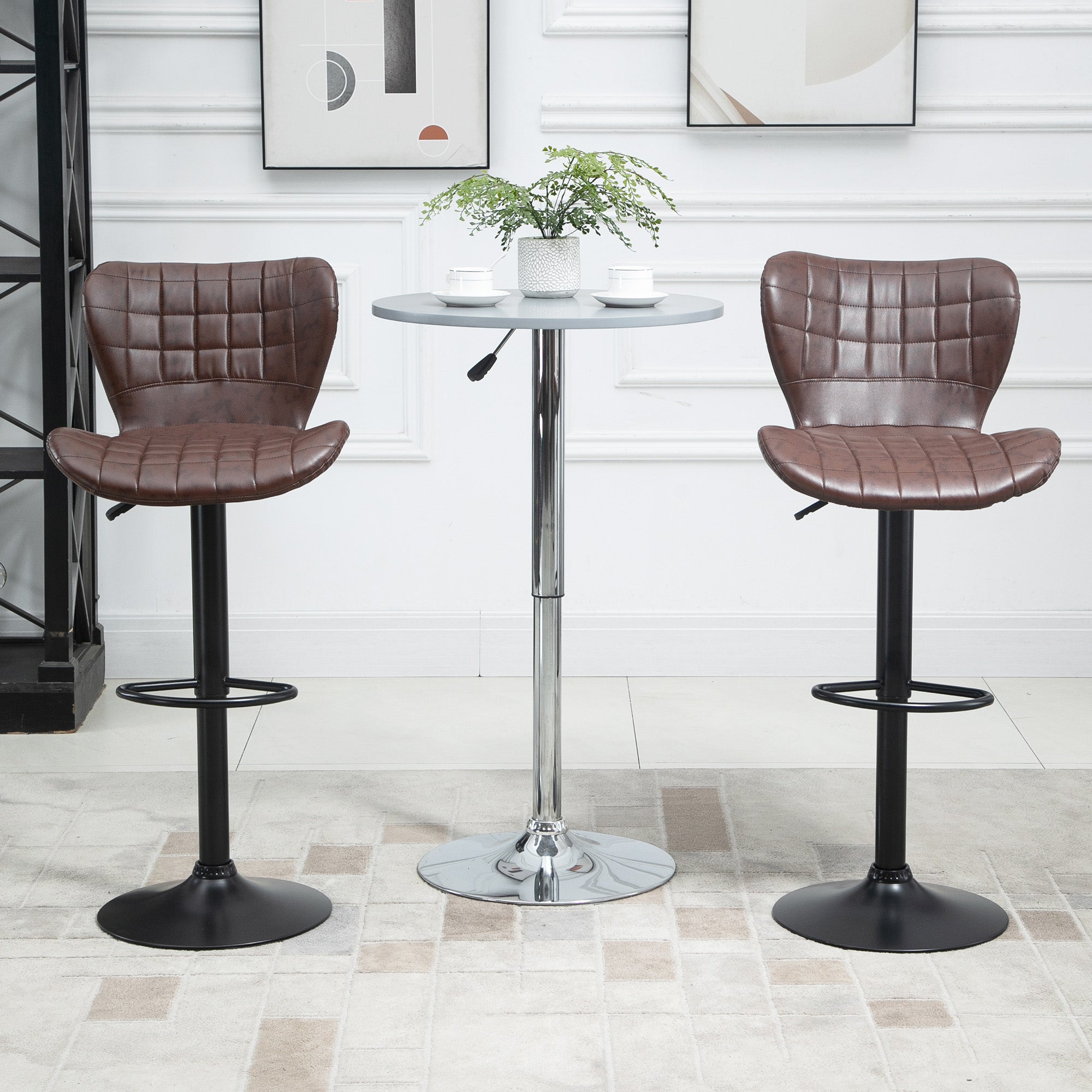HOMCOM Bar Stools Set of 2 Adjustable Height Swivel Bar Chairs in PU Leather with Backrest & Footrest, Brown 