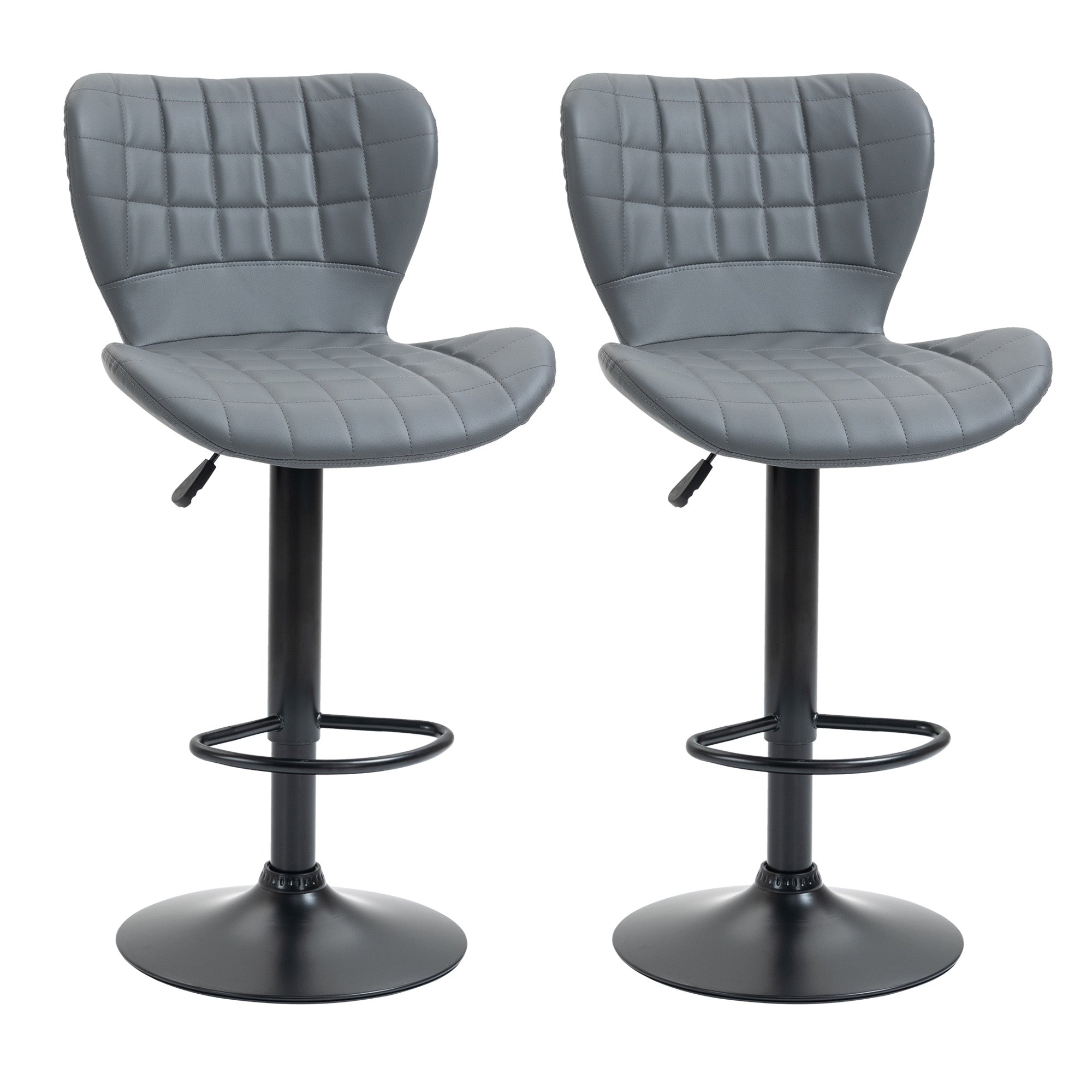 HOMCOM Bar Stools Set of 2 Adjustable Height Swivel Bar Chairs in PU Leather with Backrest & Footrest, Grey 