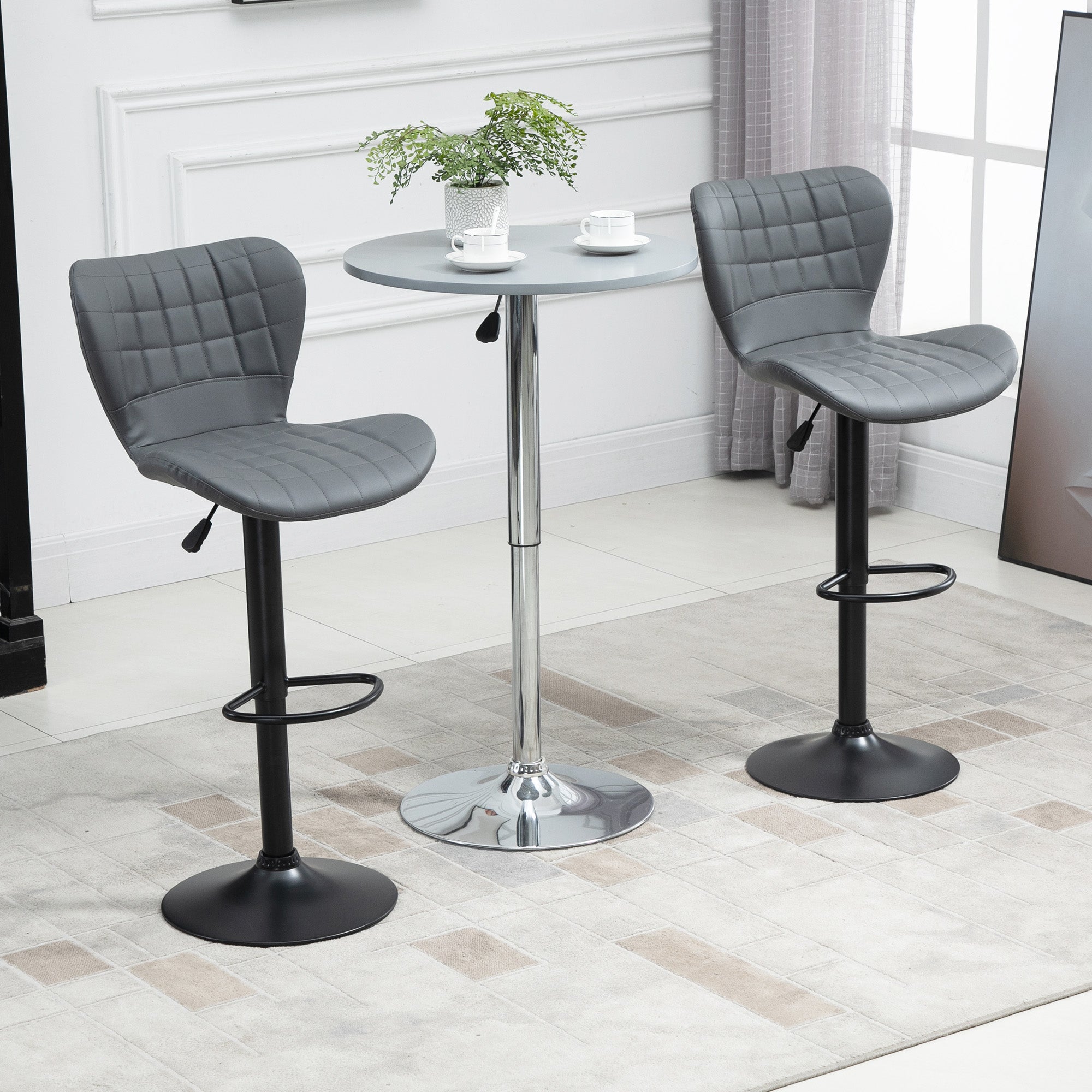 HOMCOM Bar Stools Set of 2 Adjustable Height Swivel Bar Chairs in PU Leather with Backrest & Footrest, Grey 