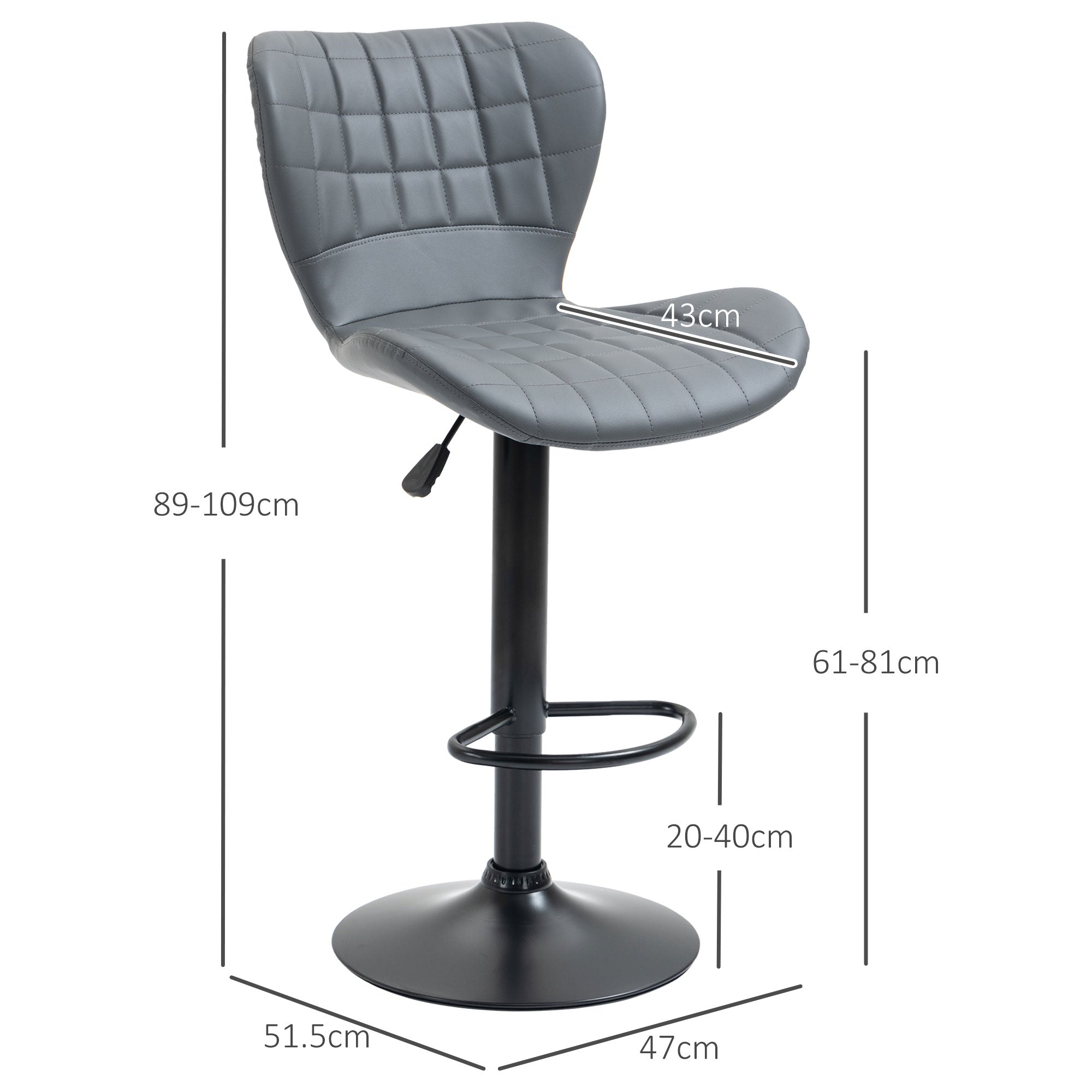 HOMCOM Bar Stools Set of 2 Adjustable Height Swivel Bar Chairs in PU Leather with Backrest & Footrest, Grey 
