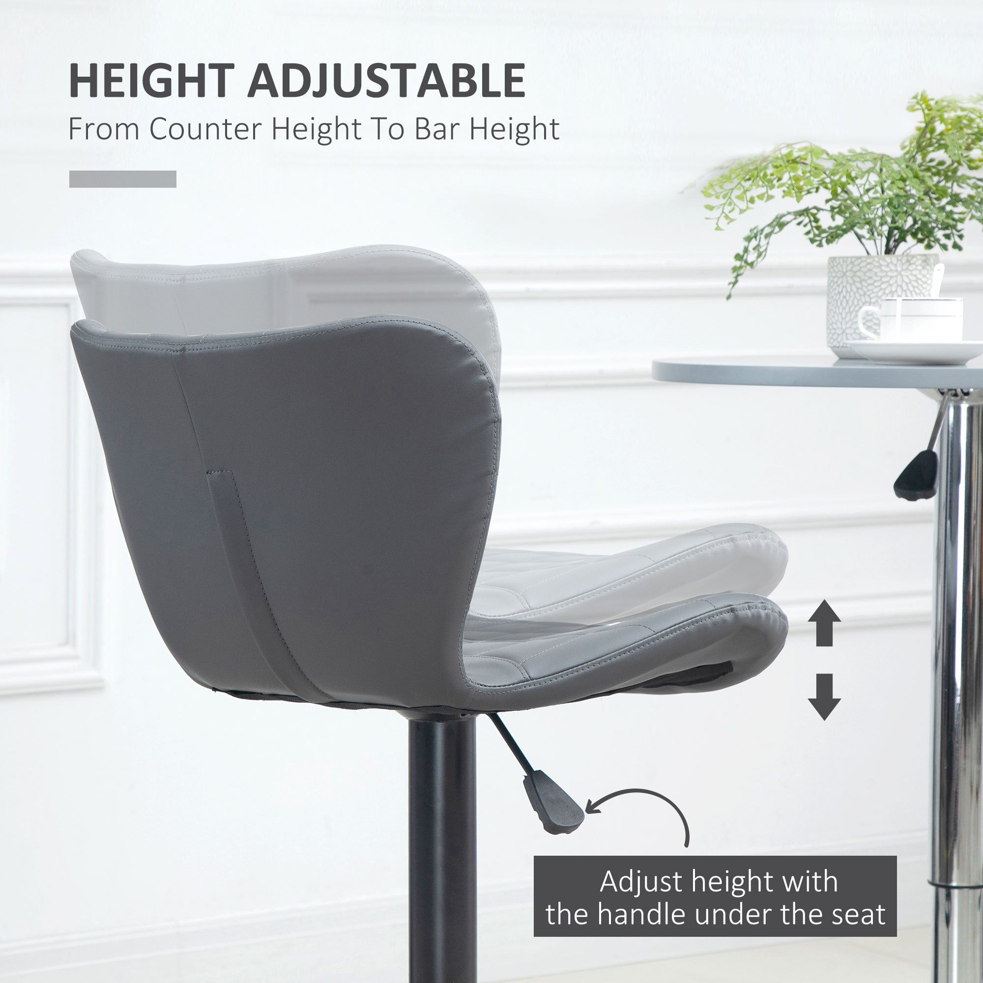 HOMCOM Bar Stools Set of 2 Adjustable Height Swivel Bar Chairs in PU Leather with Backrest & Footrest, Grey 