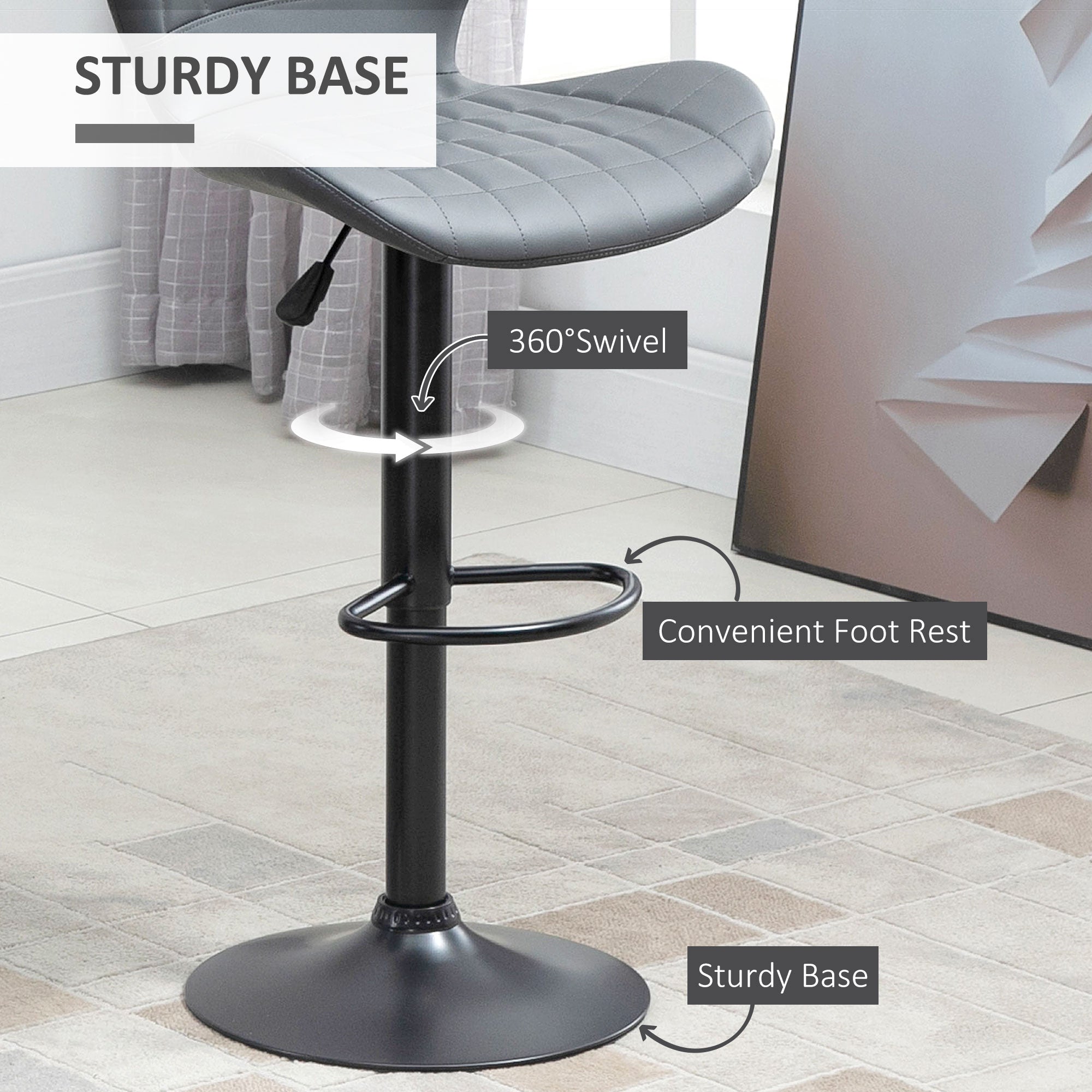 HOMCOM Bar Stools Set of 2 Adjustable Height Swivel Bar Chairs in PU Leather with Backrest & Footrest, Grey 