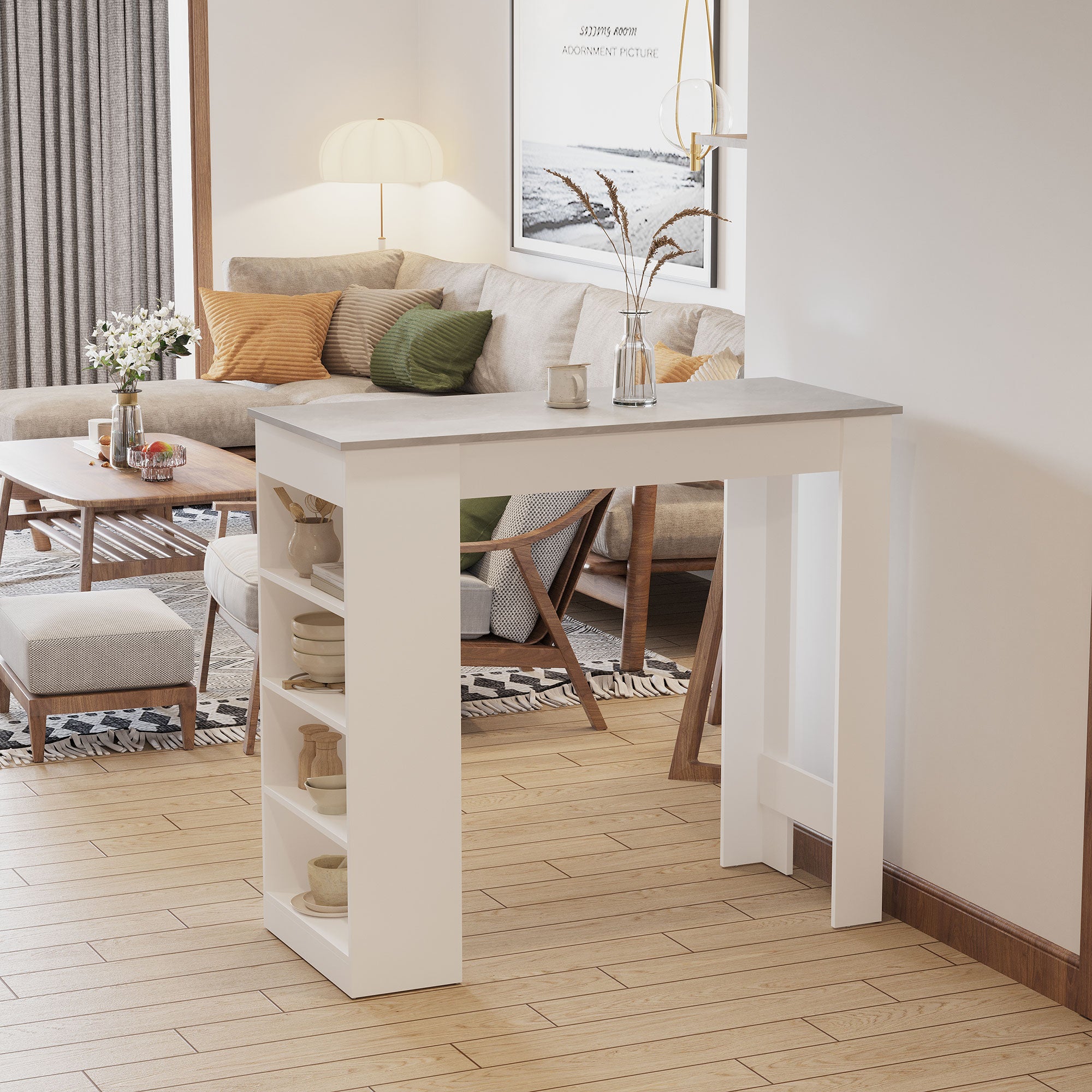HOMCOM Bar Table, Dining Table with 4-Tier Storage Shelf for Breakfast Bar, Kitchen, Dining Room, Living Room, Grey 