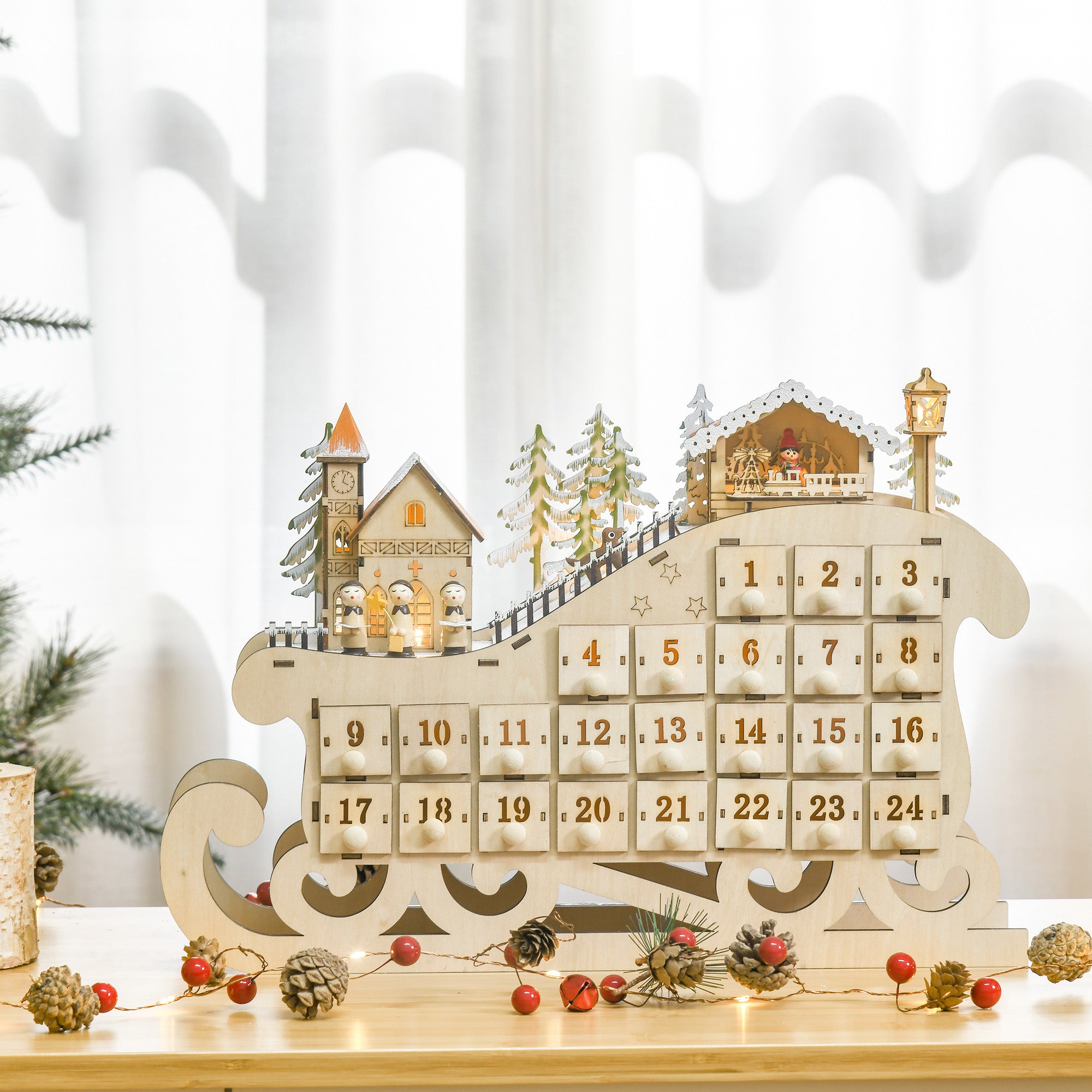 HOMCOM Christmas Advent Calendar, 2021 Light Up Table Xmas Wooden Sleigh Holiday Decoration with Countdown Drawer, Village, for kids Adults, Natural Wood Color 