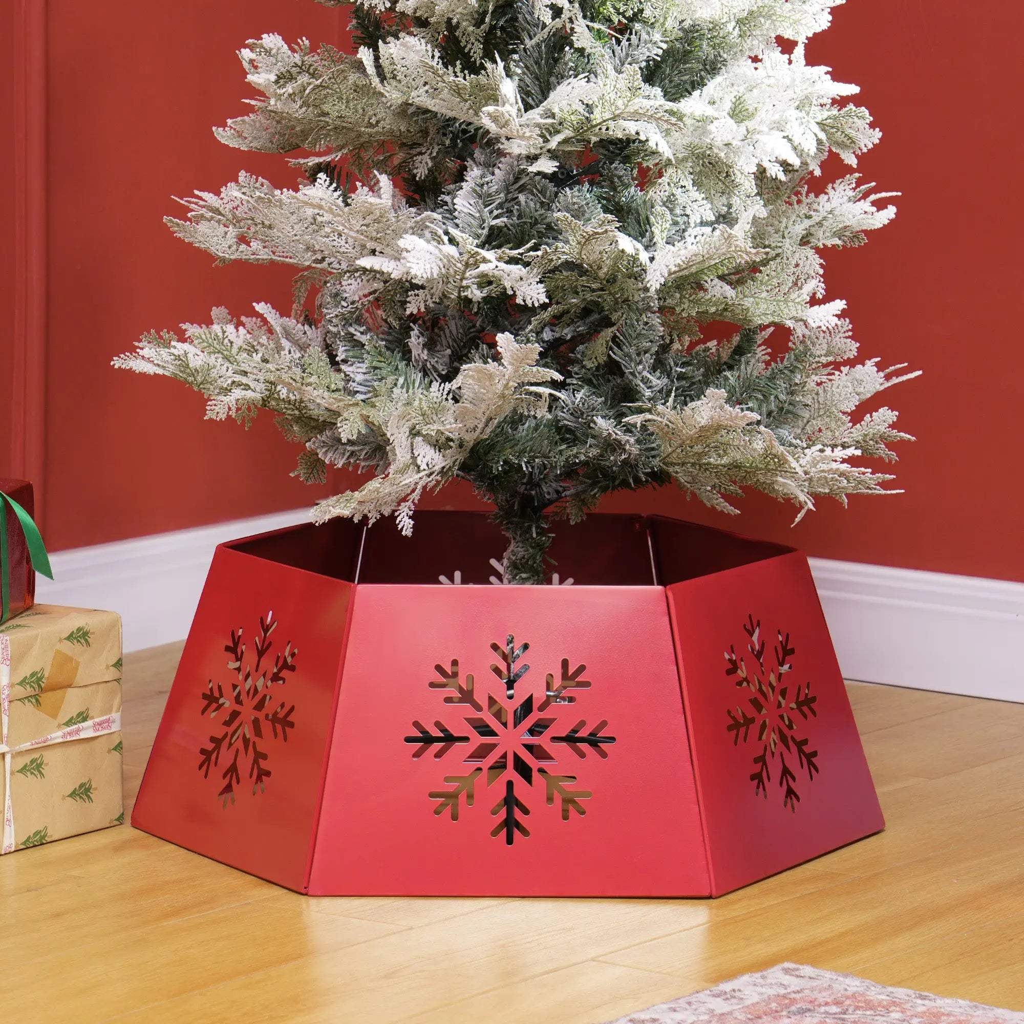 HOMCOM Christmas Tree Collar, Hexagon Christmas Tree Base Cover with Hollow Snowflake Patterns, Xmas Decoration for Party, Holiday, Home, Red 