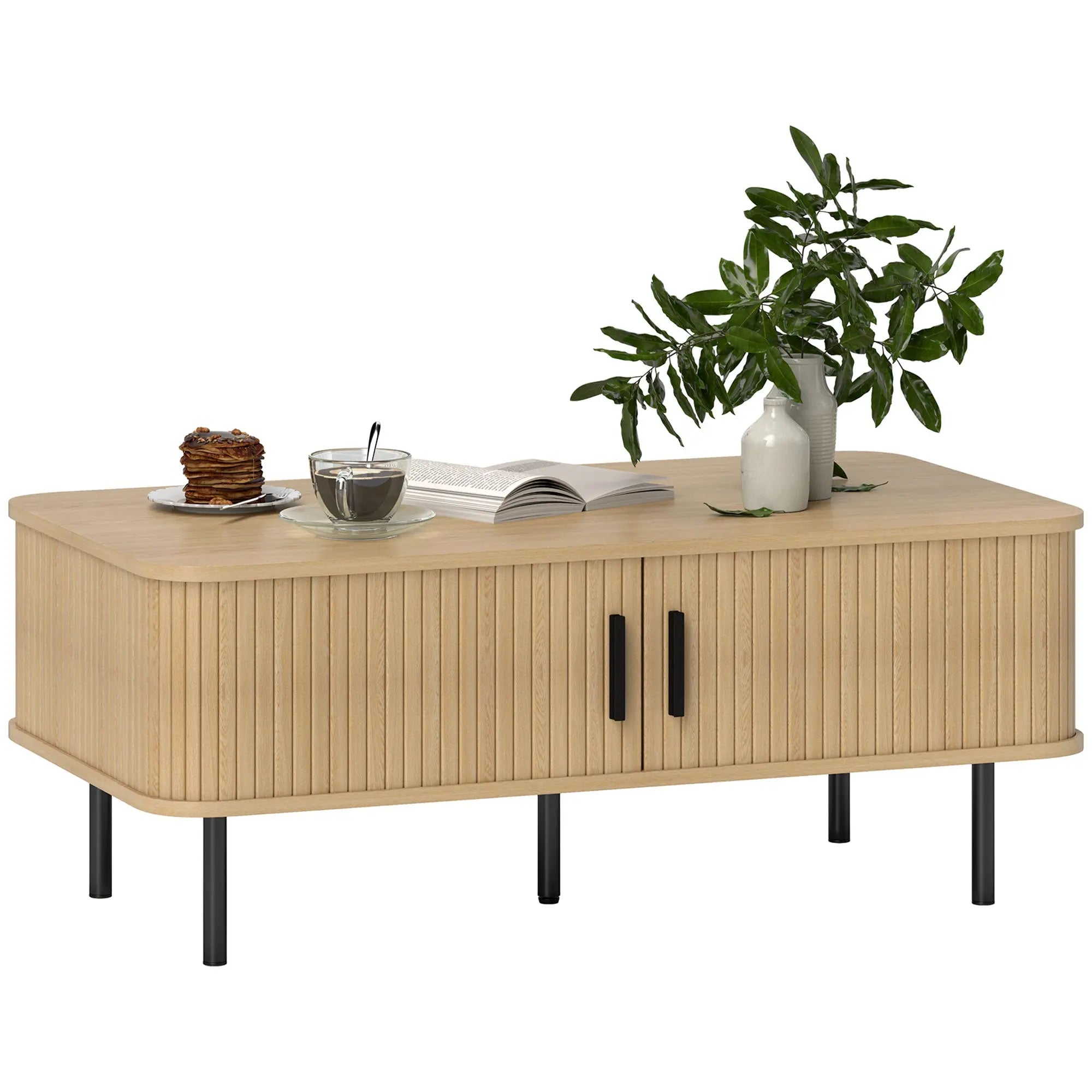 HOMCOM Coffee Table with Storage, Living Room Table with Slatted Tambour Sliding Doors and Foot Pads, Rectangular Coffee Table with Elevated Base for Living Room, Oak 