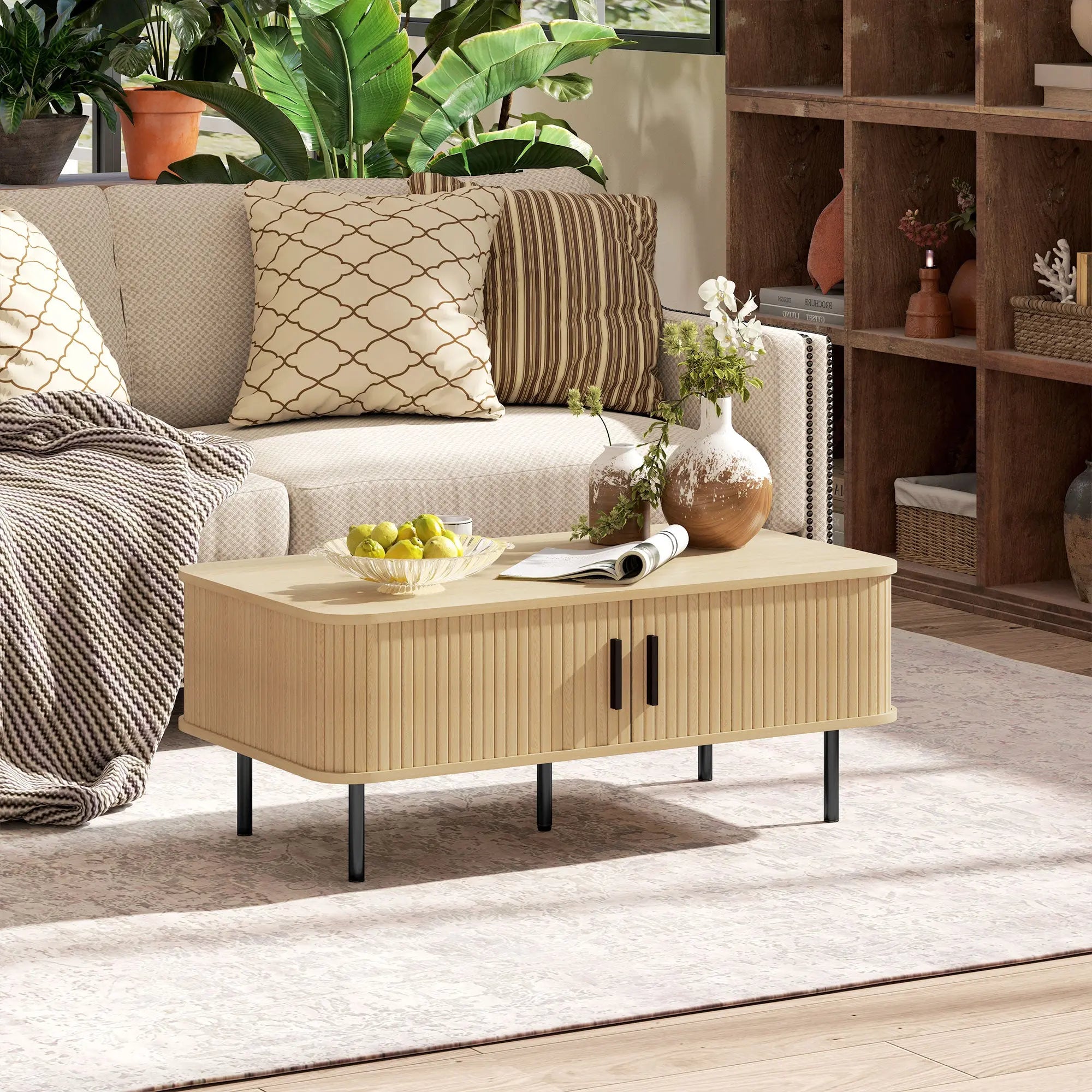 HOMCOM Coffee Table with Storage, Living Room Table with Slatted Tambour Sliding Doors and Foot Pads, Rectangular Coffee Table with Elevated Base for Living Room, Oak 