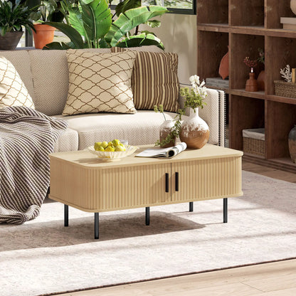 HOMCOM Coffee Table with Storage, Living Room Table with Slatted Tambour Sliding Doors and Foot Pads, Rectangular Coffee Table with Elevated Base for Living Room, Oak 