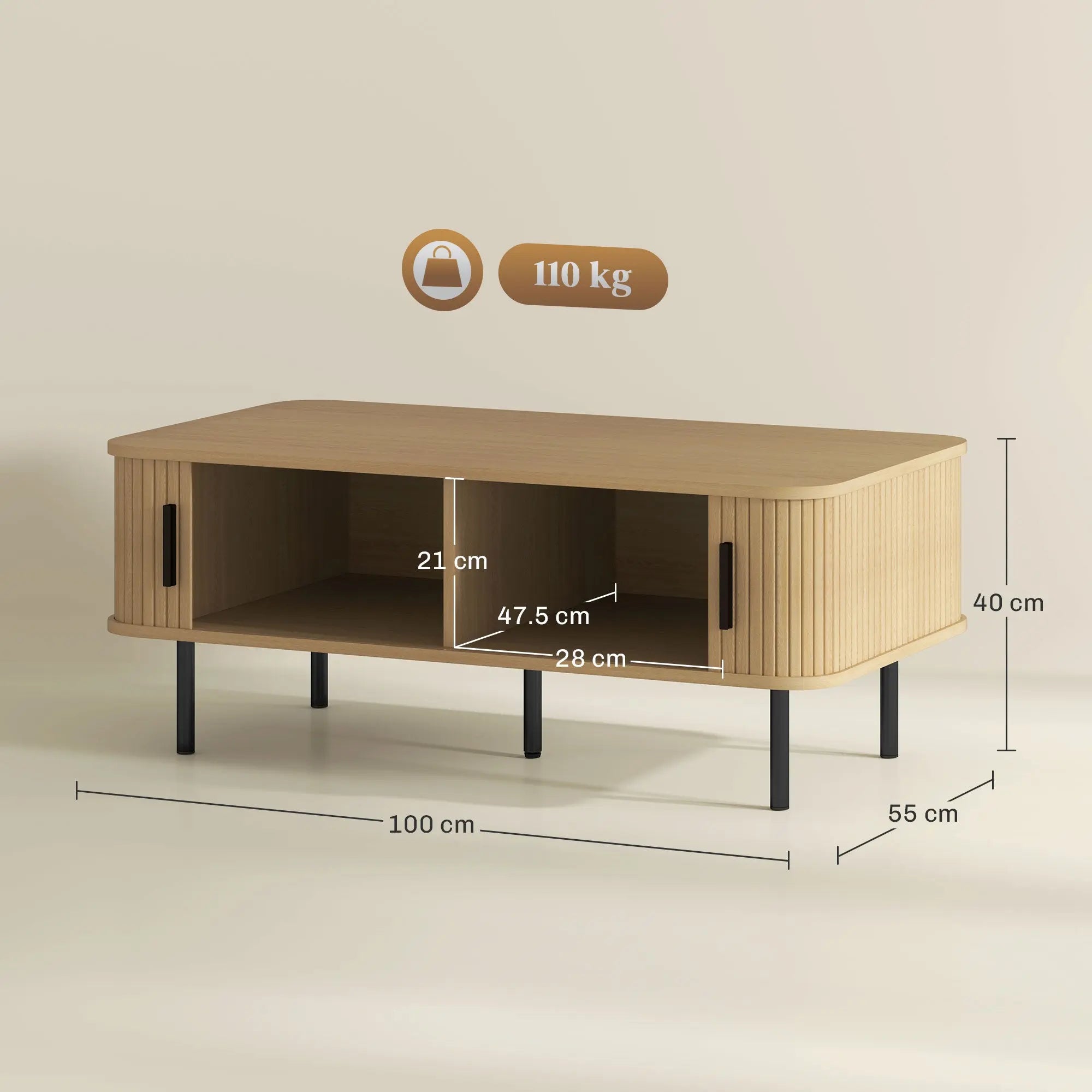 HOMCOM Coffee Table with Storage, Living Room Table with Slatted Tambour Sliding Doors and Foot Pads, Rectangular Coffee Table with Elevated Base for Living Room, Oak 