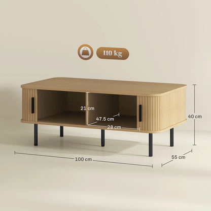 HOMCOM Coffee Table with Storage, Living Room Table with Slatted Tambour Sliding Doors and Foot Pads, Rectangular Coffee Table with Elevated Base for Living Room, Oak 