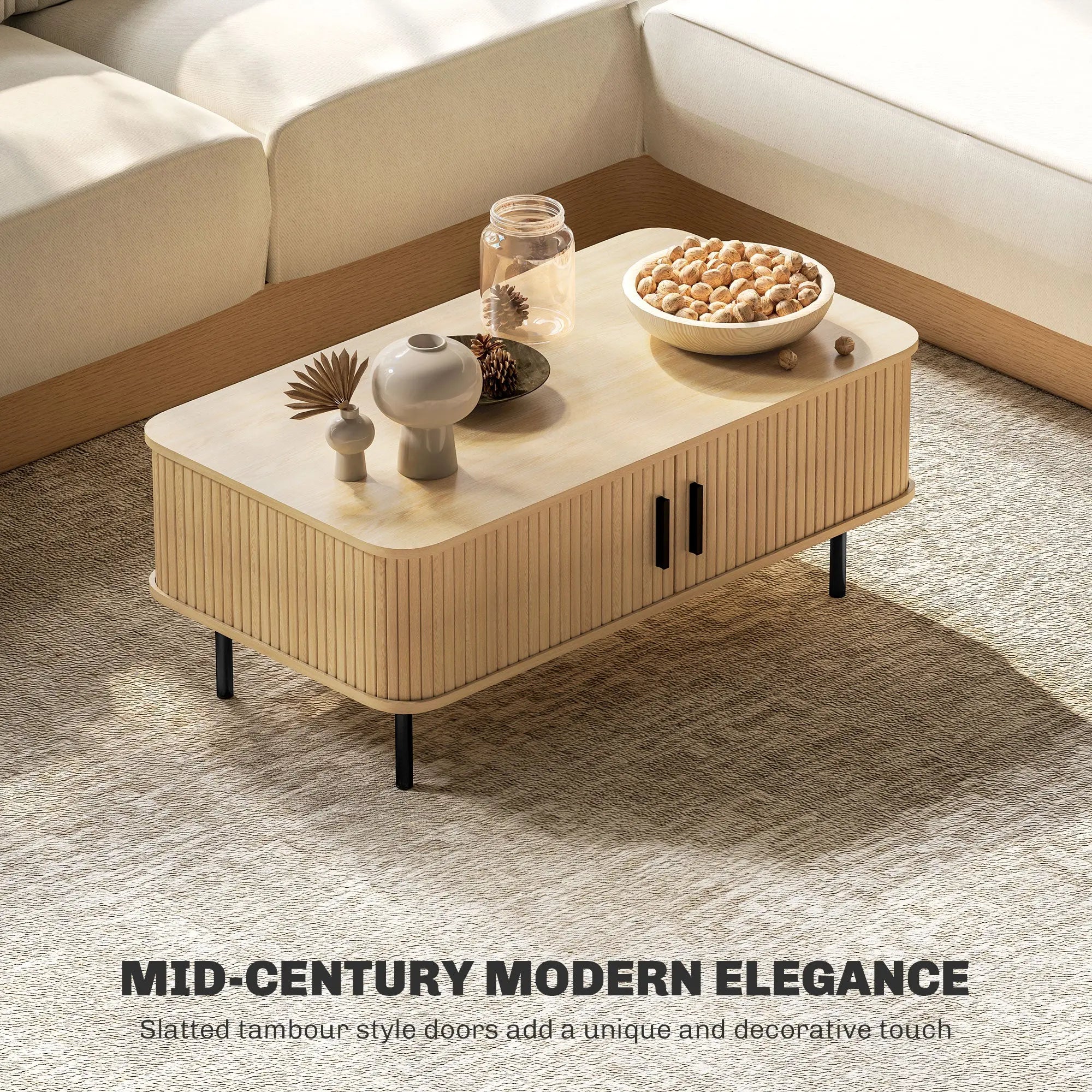HOMCOM Coffee Table with Storage, Living Room Table with Slatted Tambour Sliding Doors and Foot Pads, Rectangular Coffee Table with Elevated Base for Living Room, Oak 