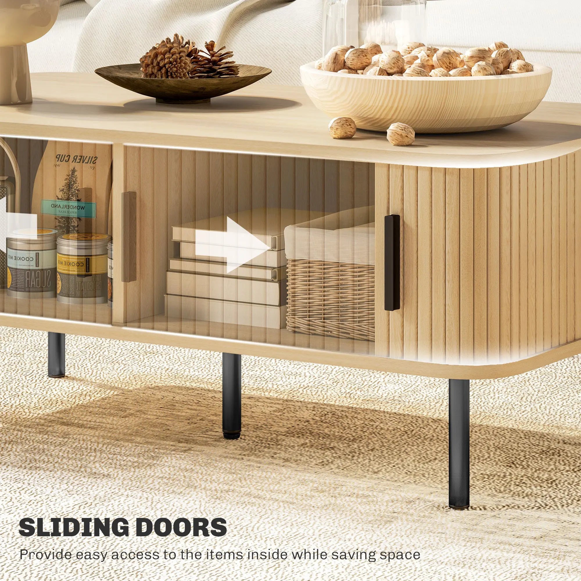 HOMCOM Coffee Table with Storage, Living Room Table with Slatted Tambour Sliding Doors and Foot Pads, Rectangular Coffee Table with Elevated Base for Living Room, Oak 
