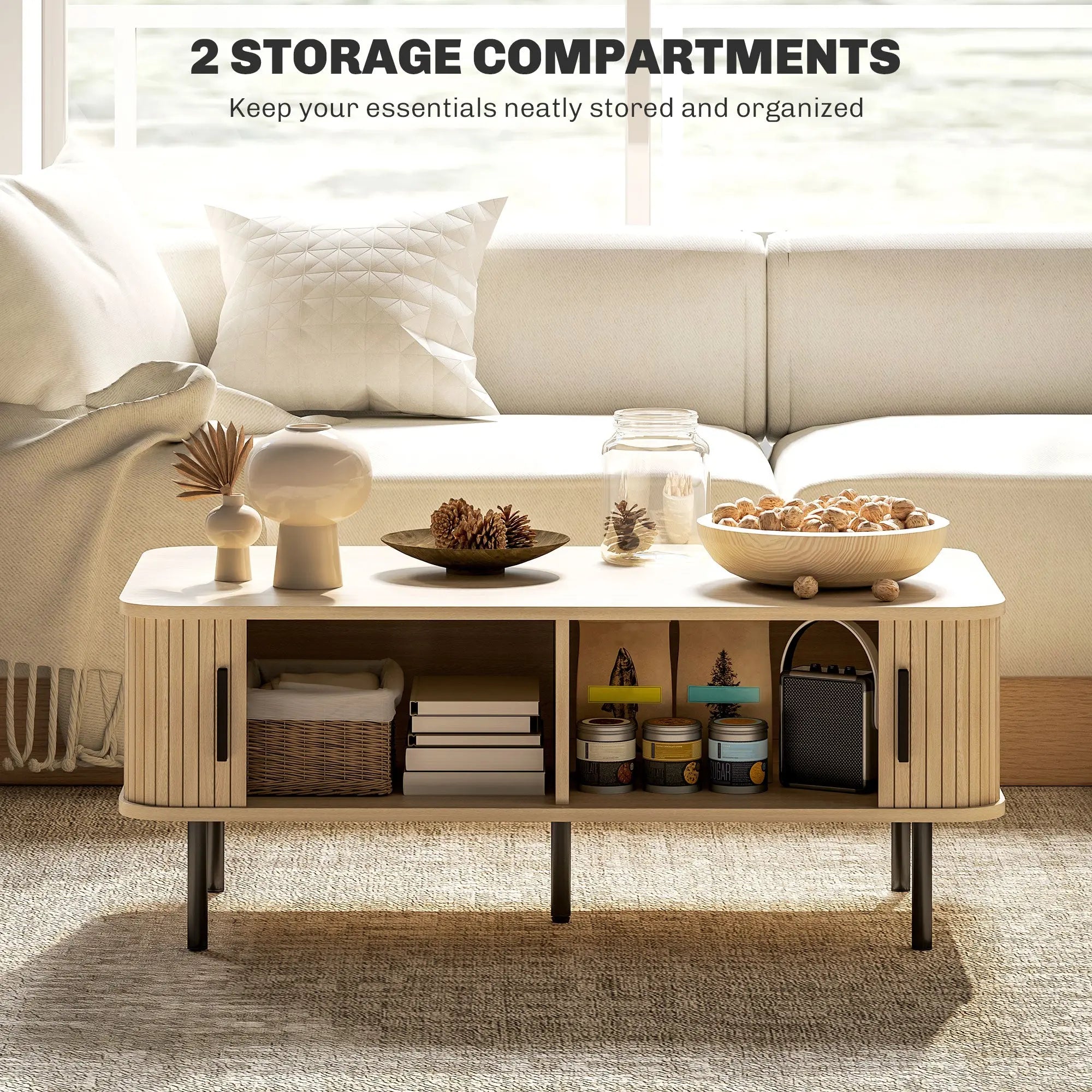 HOMCOM Coffee Table with Storage, Living Room Table with Slatted Tambour Sliding Doors and Foot Pads, Rectangular Coffee Table with Elevated Base for Living Room, Oak 