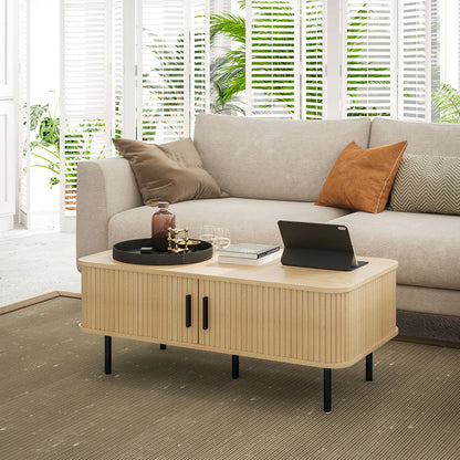 HOMCOM Coffee Table with Storage, Living Room Table with Slatted Tambour Sliding Doors and Foot Pads, Rectangular Coffee Table with Elevated Base for Living Room, Oak 