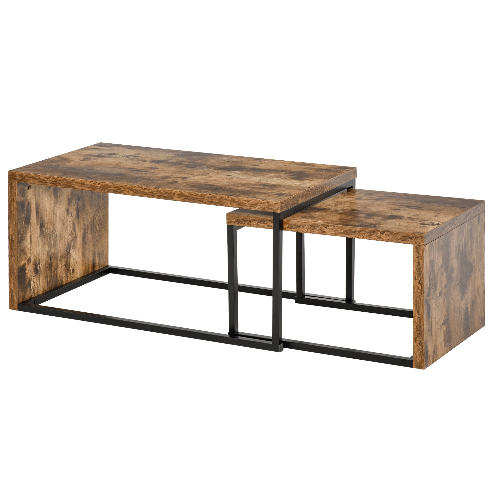 HOMCOM Coffee Tables Nesting Table Set of 2 Side Table w/ Metal Frame for Living Room Bedroom Black & Brown 