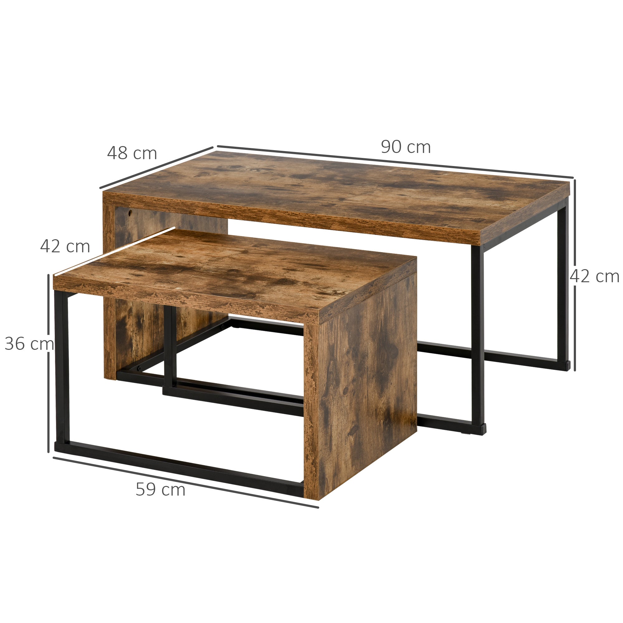 HOMCOM Coffee Tables Nesting Table Set of 2 Side Table w/ Metal Frame for Living Room Bedroom Black & Brown 