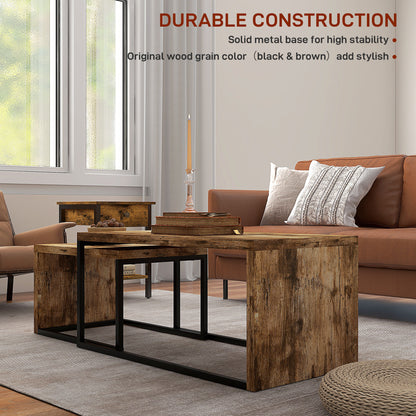 HOMCOM Coffee Tables Nesting Table Set of 2 Side Table w/ Metal Frame for Living Room Bedroom Black & Brown 