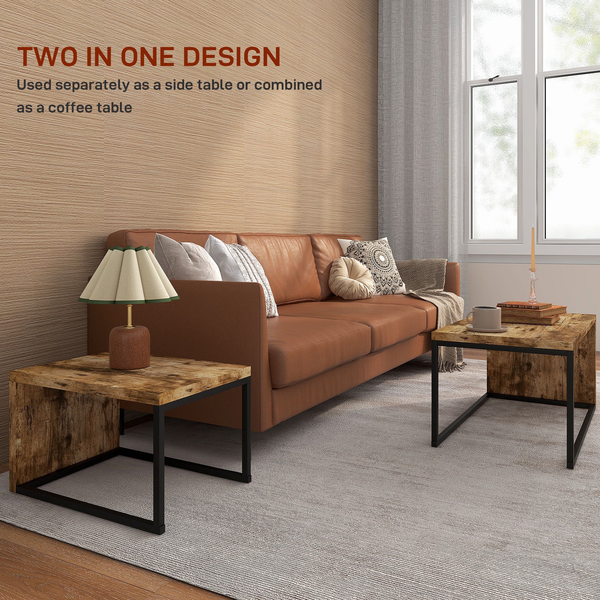 HOMCOM Coffee Tables Nesting Table Set of 2 Side Table w/ Metal Frame for Living Room Bedroom Black & Brown 