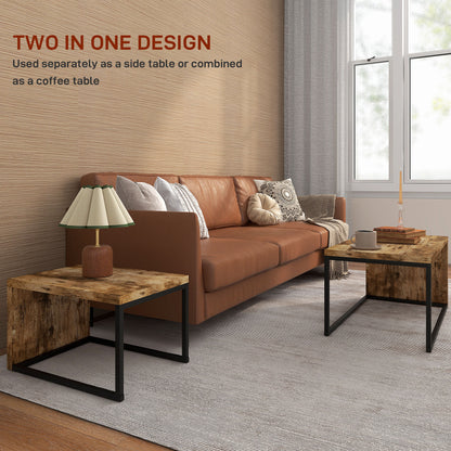 HOMCOM Coffee Tables Nesting Table Set of 2 Side Table w/ Metal Frame for Living Room Bedroom Black & Brown 