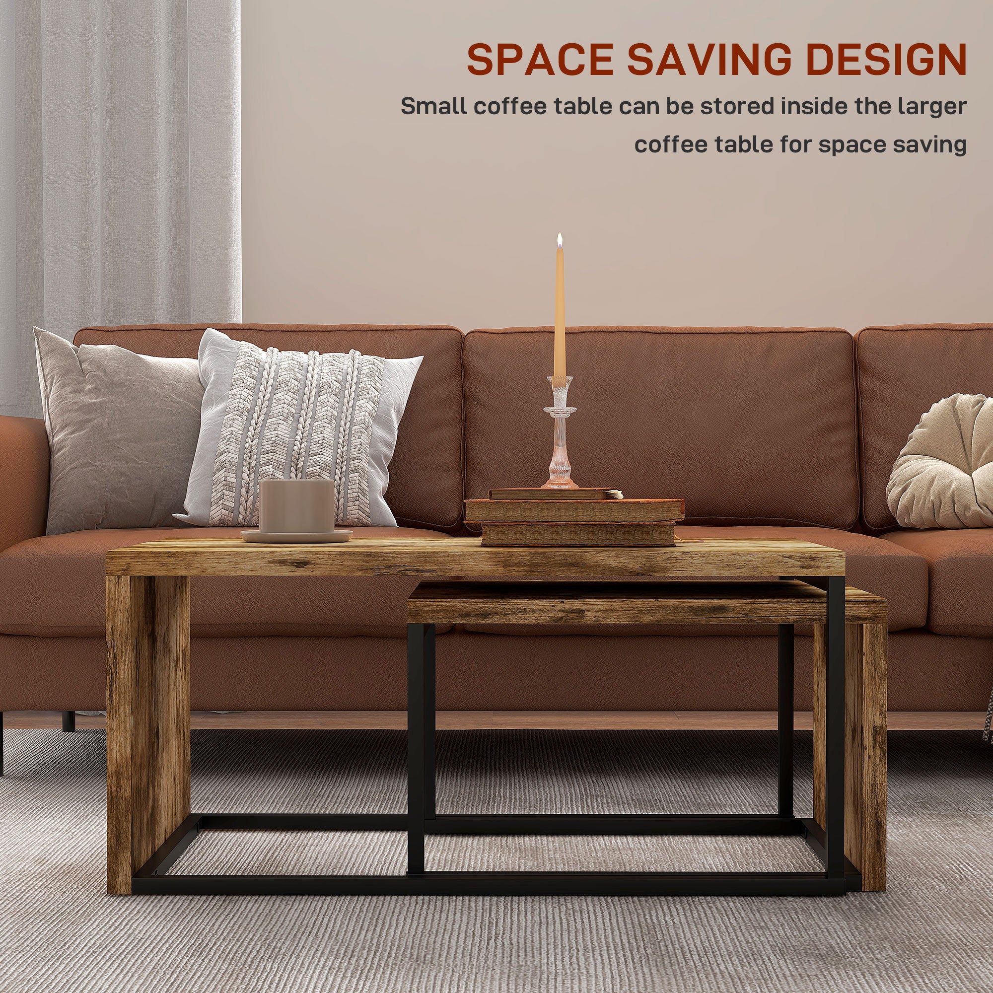 HOMCOM Coffee Tables Nesting Table Set of 2 Side Table w/ Metal Frame for Living Room Bedroom Black & Brown 