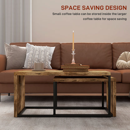 HOMCOM Coffee Tables Nesting Table Set of 2 Side Table w/ Metal Frame for Living Room Bedroom Black & Brown 