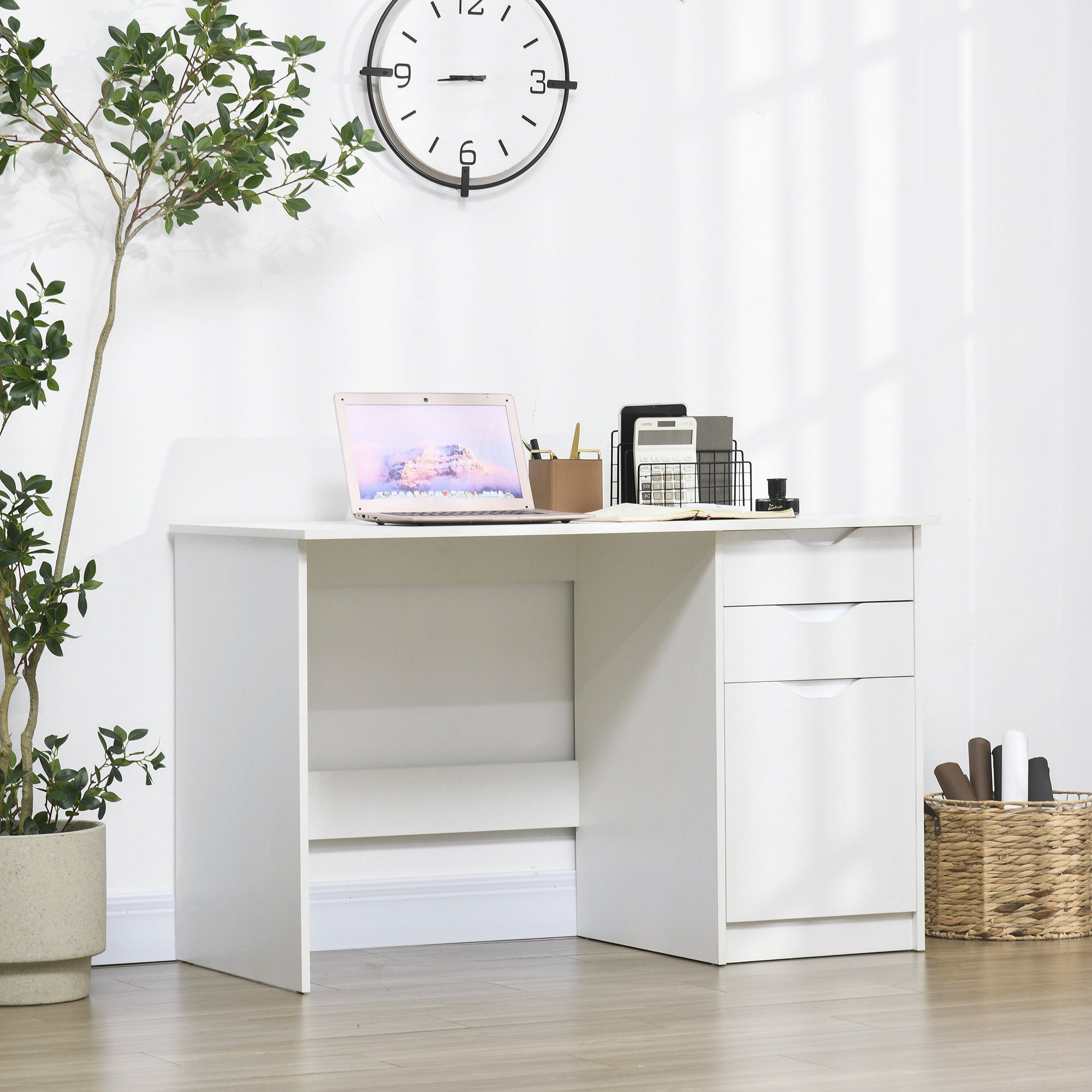 HOMCOM Computer Desk with Drawers, High Gloss Home Office Desk with Storage Cabinet, Study Workstation, 120 x 60cm, White 