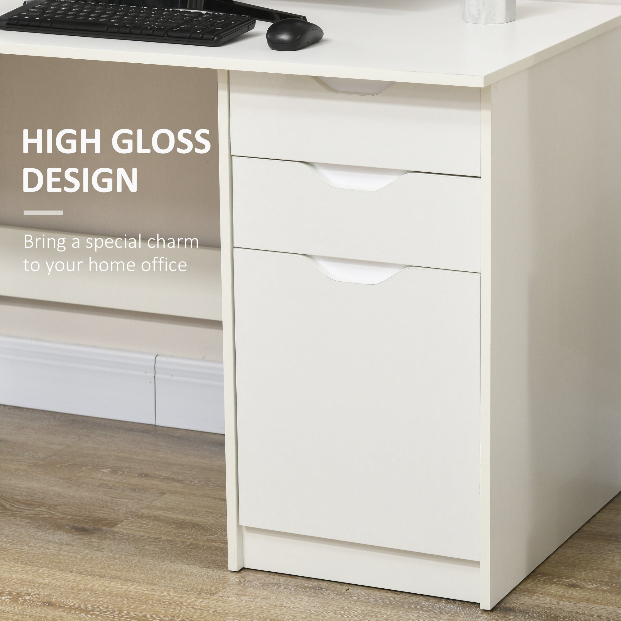 HOMCOM Computer Desk with Drawers, High Gloss Home Office Desk with Storage Cabinet, Study Workstation, 120 x 60cm, White 