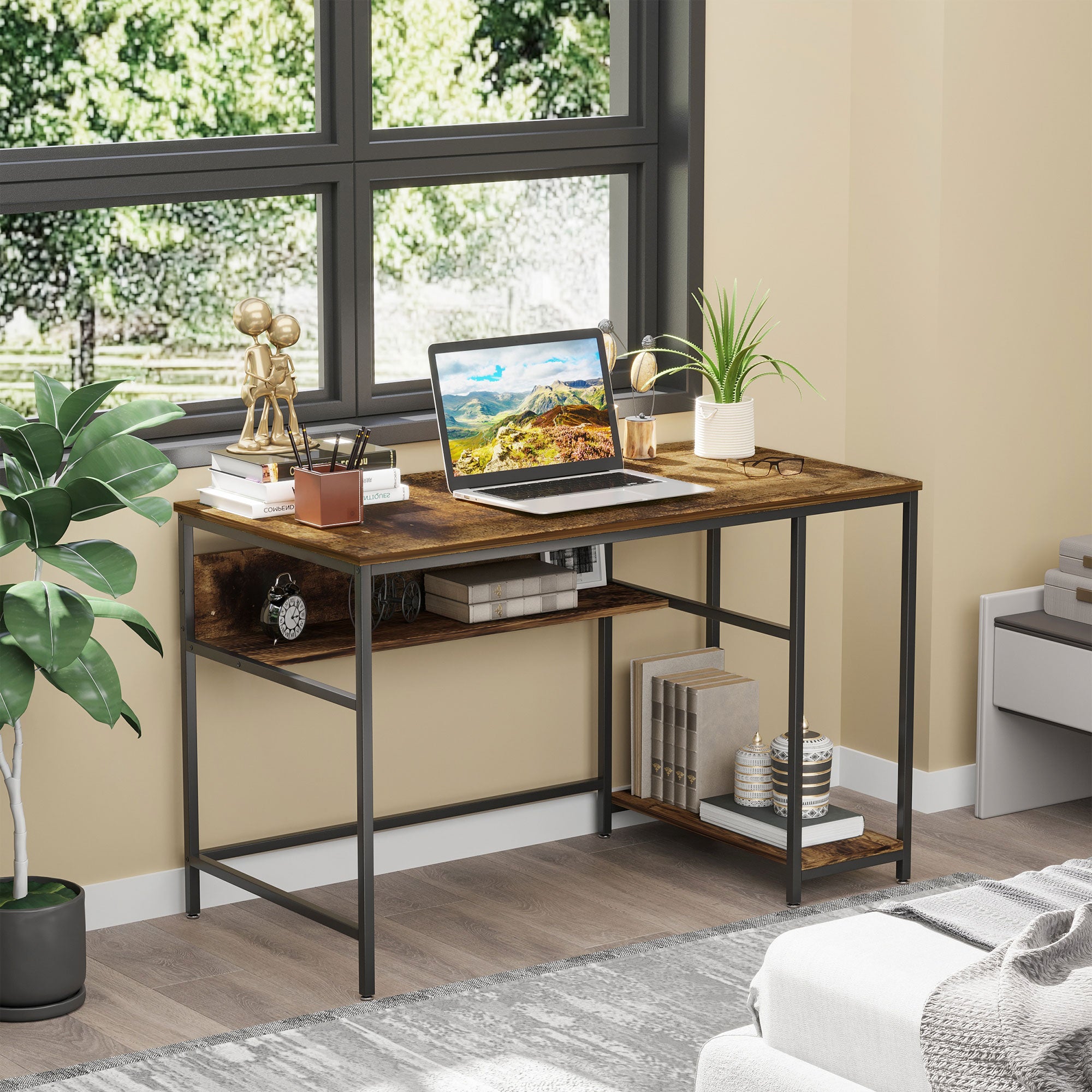 HOMCOM Computer Desk with Storage, 120 x 60cm Home Office Desk with 2 Shelves and Steel Frame, Writing Table for Living Room, Study, Rustic Brown 