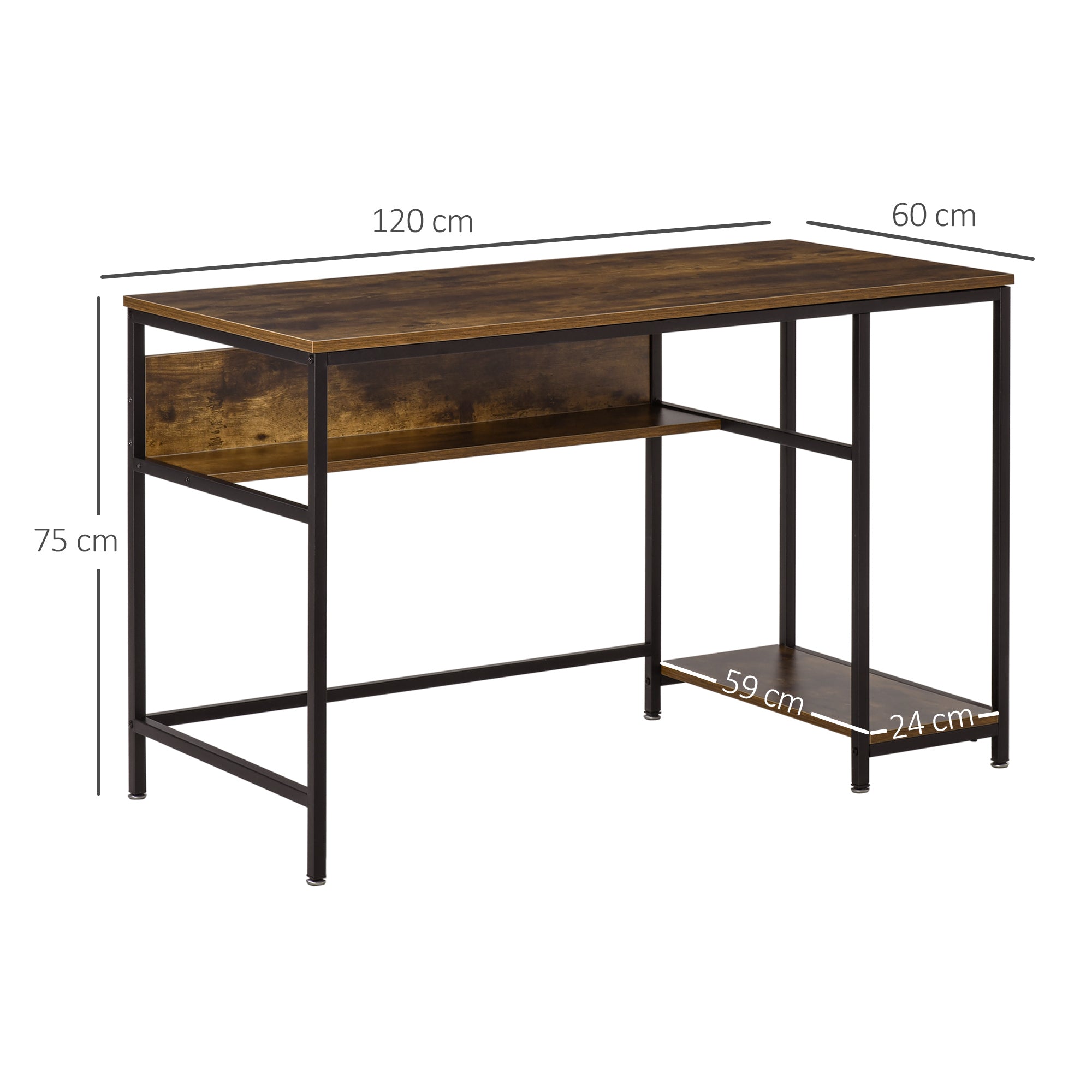 HOMCOM Computer Desk with Storage, 120 x 60cm Home Office Desk with 2 Shelves and Steel Frame, Writing Table for Living Room, Study, Rustic Brown 