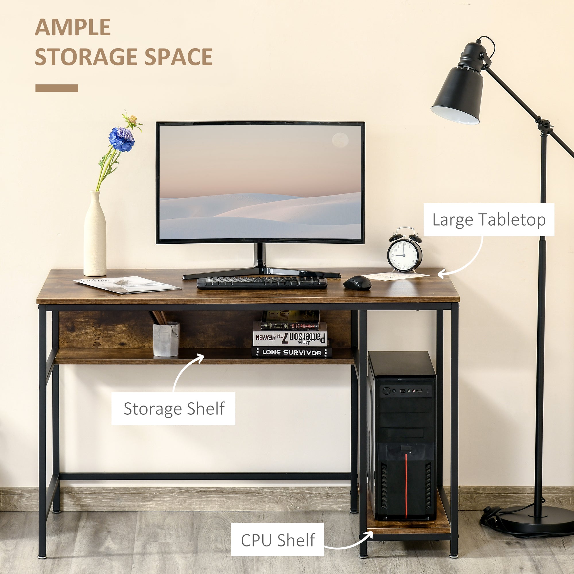HOMCOM Computer Desk with Storage, 120 x 60cm Home Office Desk with 2 Shelves and Steel Frame, Writing Table for Living Room, Study, Rustic Brown 