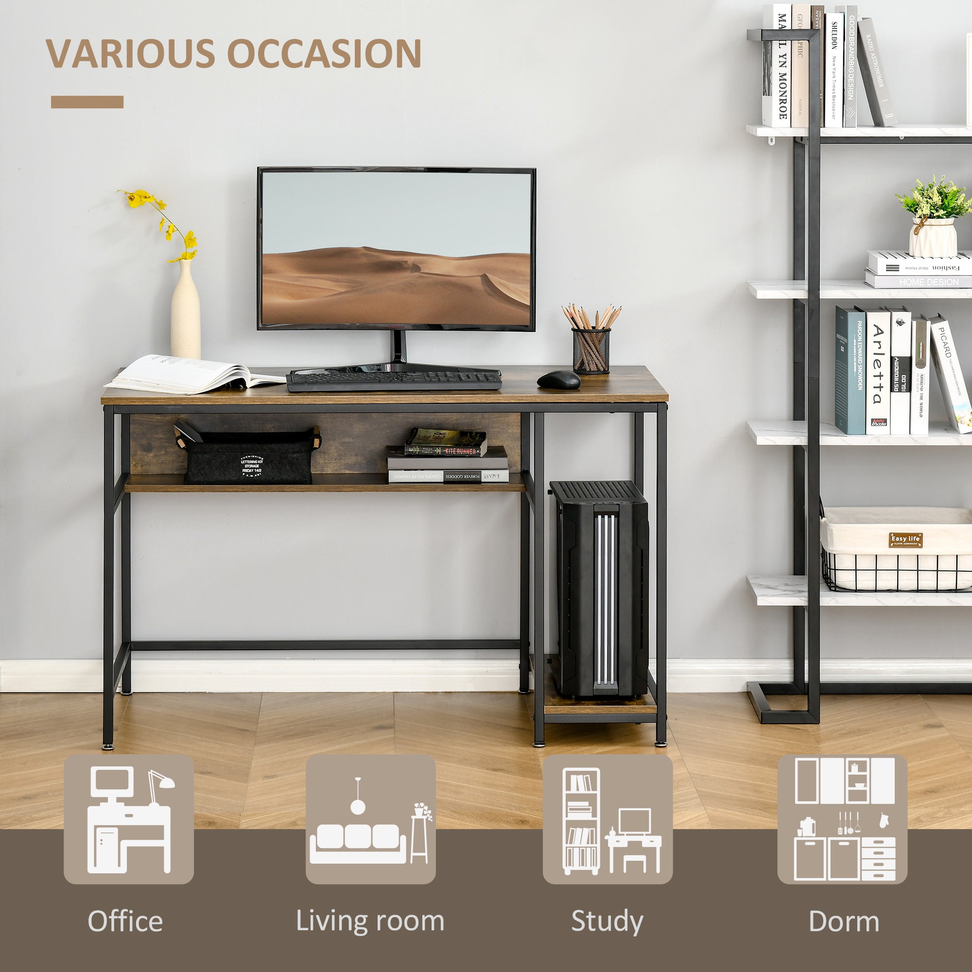 HOMCOM Computer Desk with Storage, 120 x 60cm Home Office Desk with 2 Shelves and Steel Frame, Writing Table for Living Room, Study, Rustic Brown 
