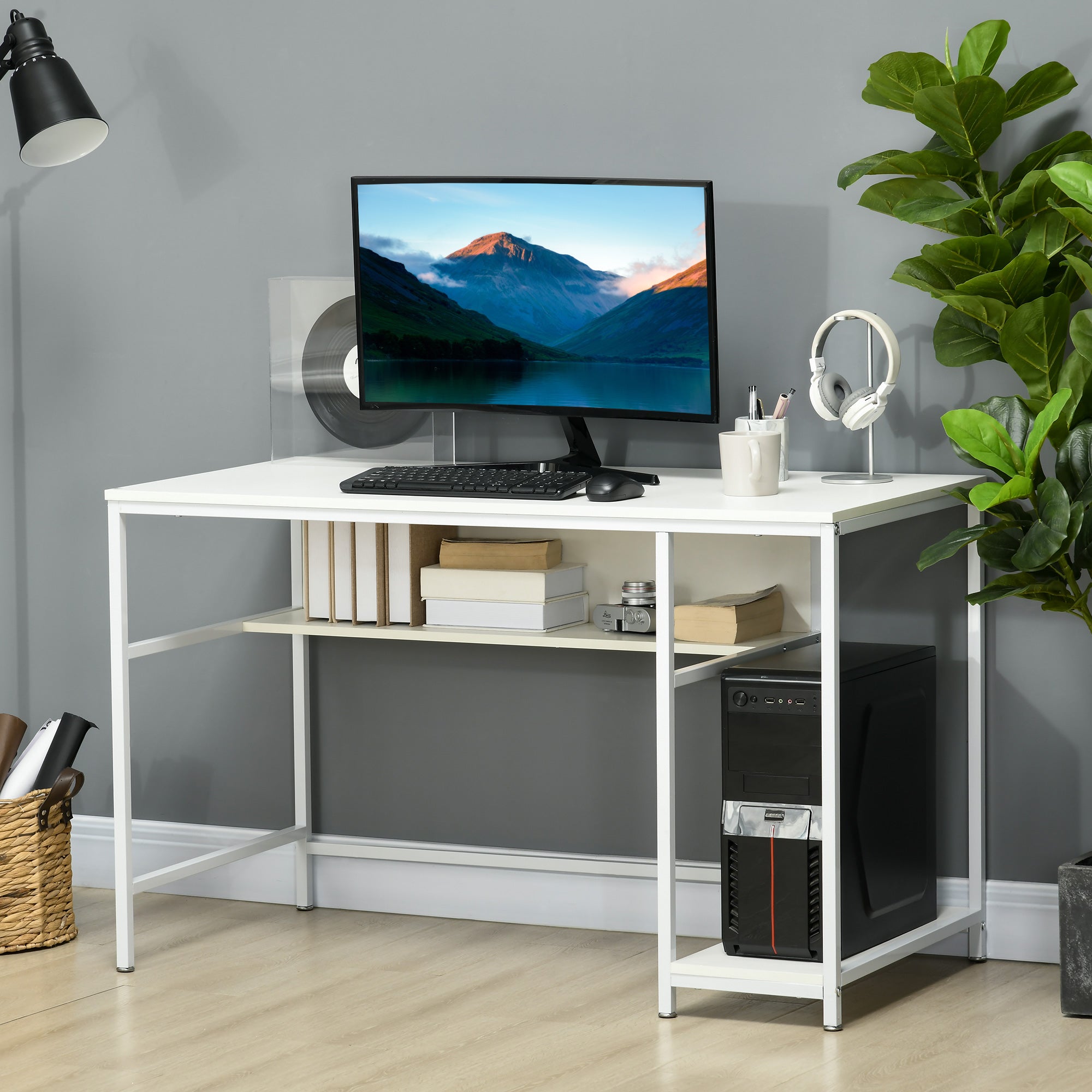 HOMCOM Computer Desk with Storage, 120 x 60cm Home Office Desk with 2 Shelves and Steel Frame, Writing Table for Living Room, Study, White 