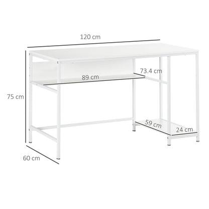 HOMCOM Computer Desk with Storage, 120 x 60cm Home Office Desk with 2 Shelves and Steel Frame, Writing Table for Living Room, Study, White 