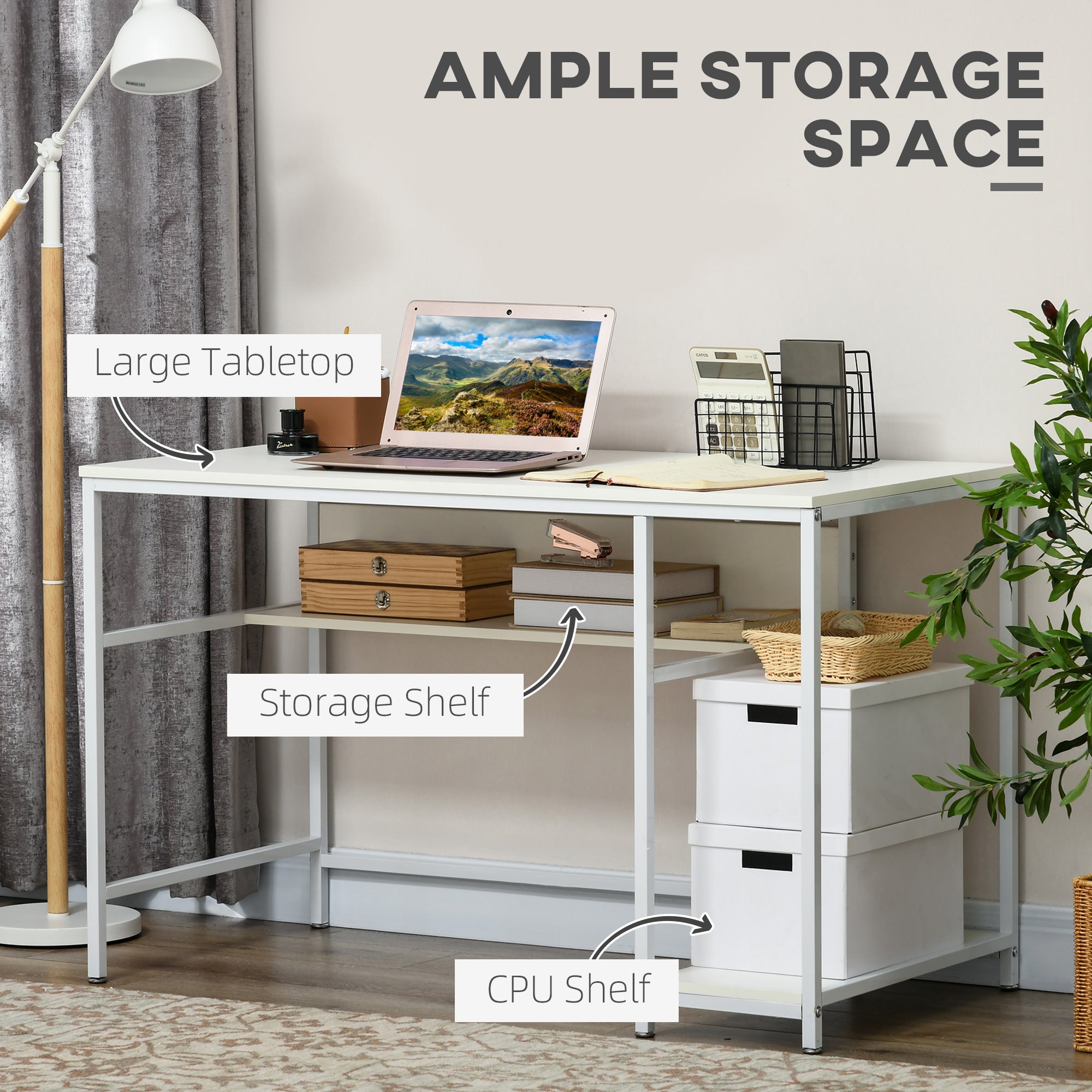 HOMCOM Computer Desk with Storage, 120 x 60cm Home Office Desk with 2 Shelves and Steel Frame, Writing Table for Living Room, Study, White 