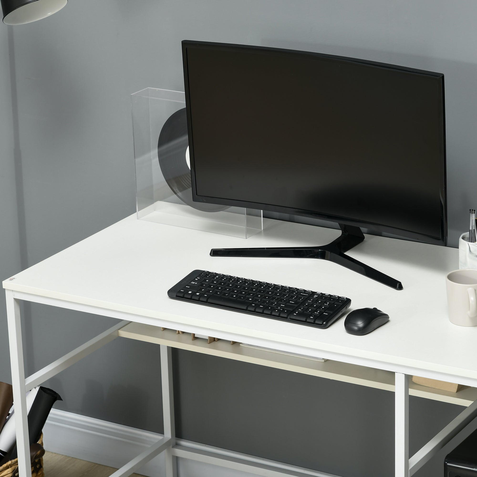 HOMCOM Computer Desk with Storage, 120 x 60cm Home Office Desk with 2 Shelves and Steel Frame, Writing Table for Living Room, Study, White 